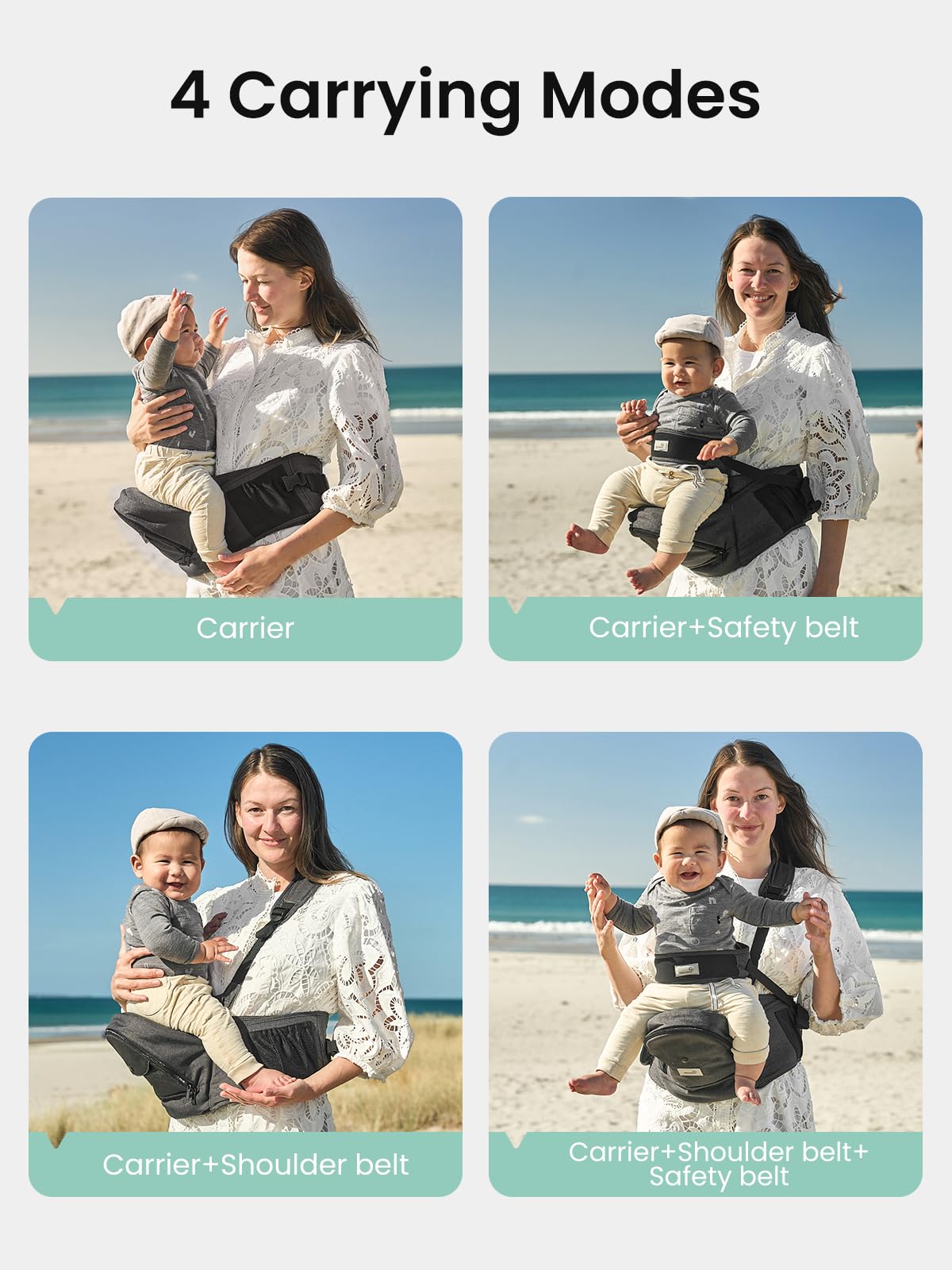 Grownsy ergonomic M-position hip seat supports baby and reduces caregiver strain