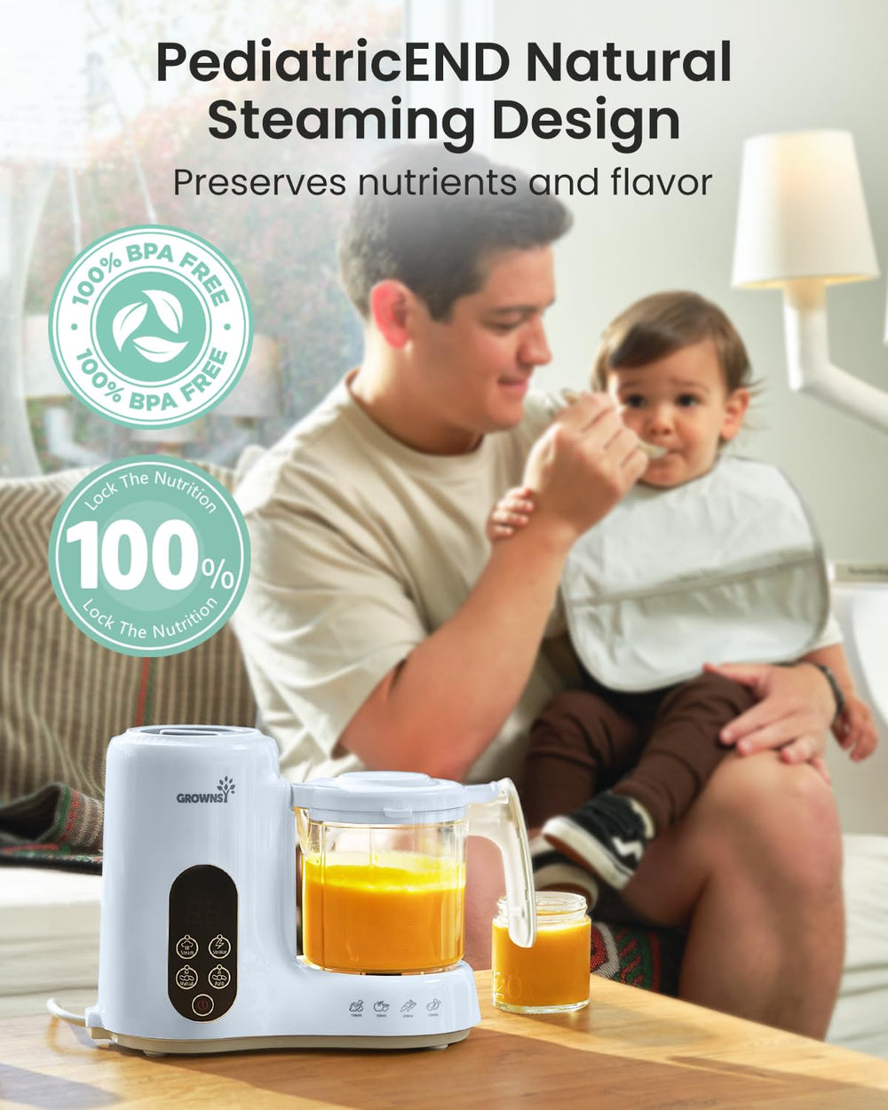 Grownsy family-friendly blue design fits everyday meals and shared tastes.