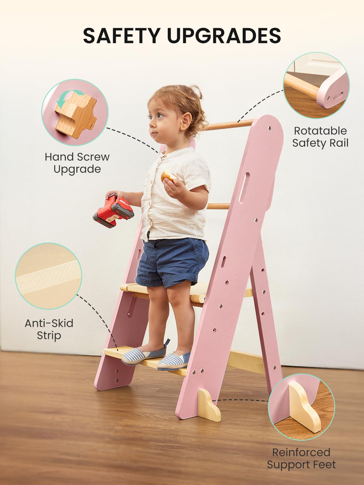 GROWNSY foldable stool with safety net ensures secure play beside the sink.