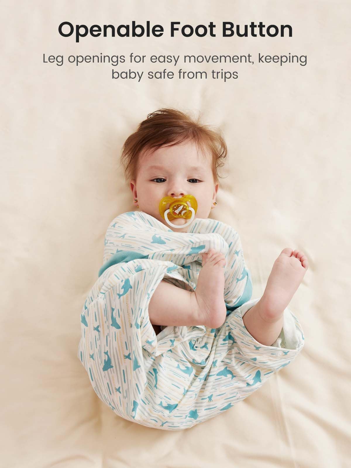 Growns y leg-split swaddle illustrates natural leg posture support and mobility