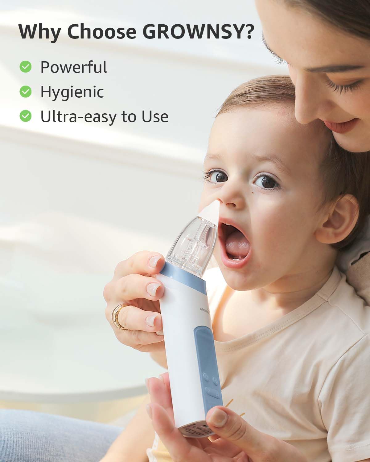 GROWNSY light and music soothing function helps distract babies during cleaning.