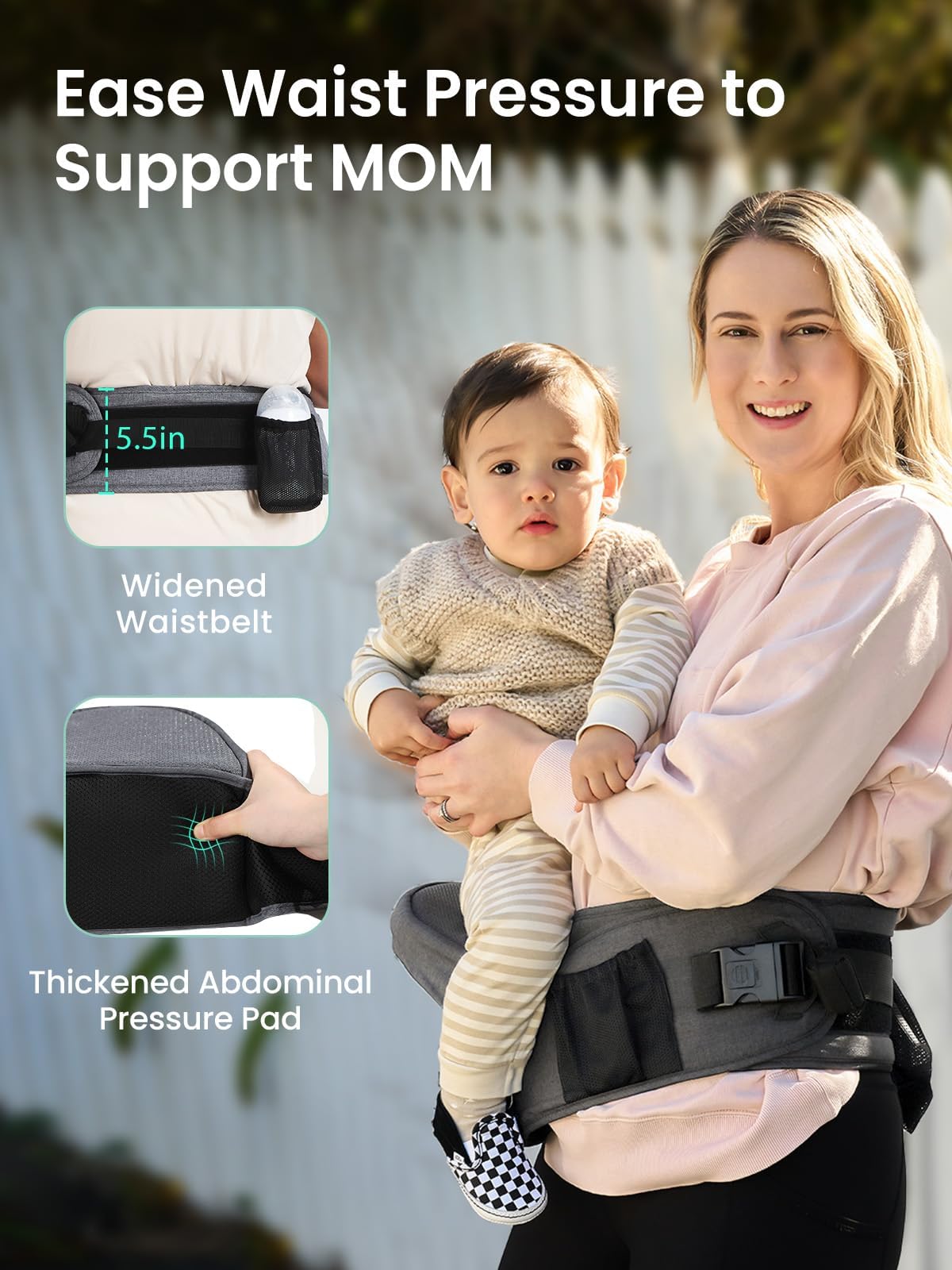GROWNSY memory-foam hip seat cushions baby comfortably in an ergonomic M-position.