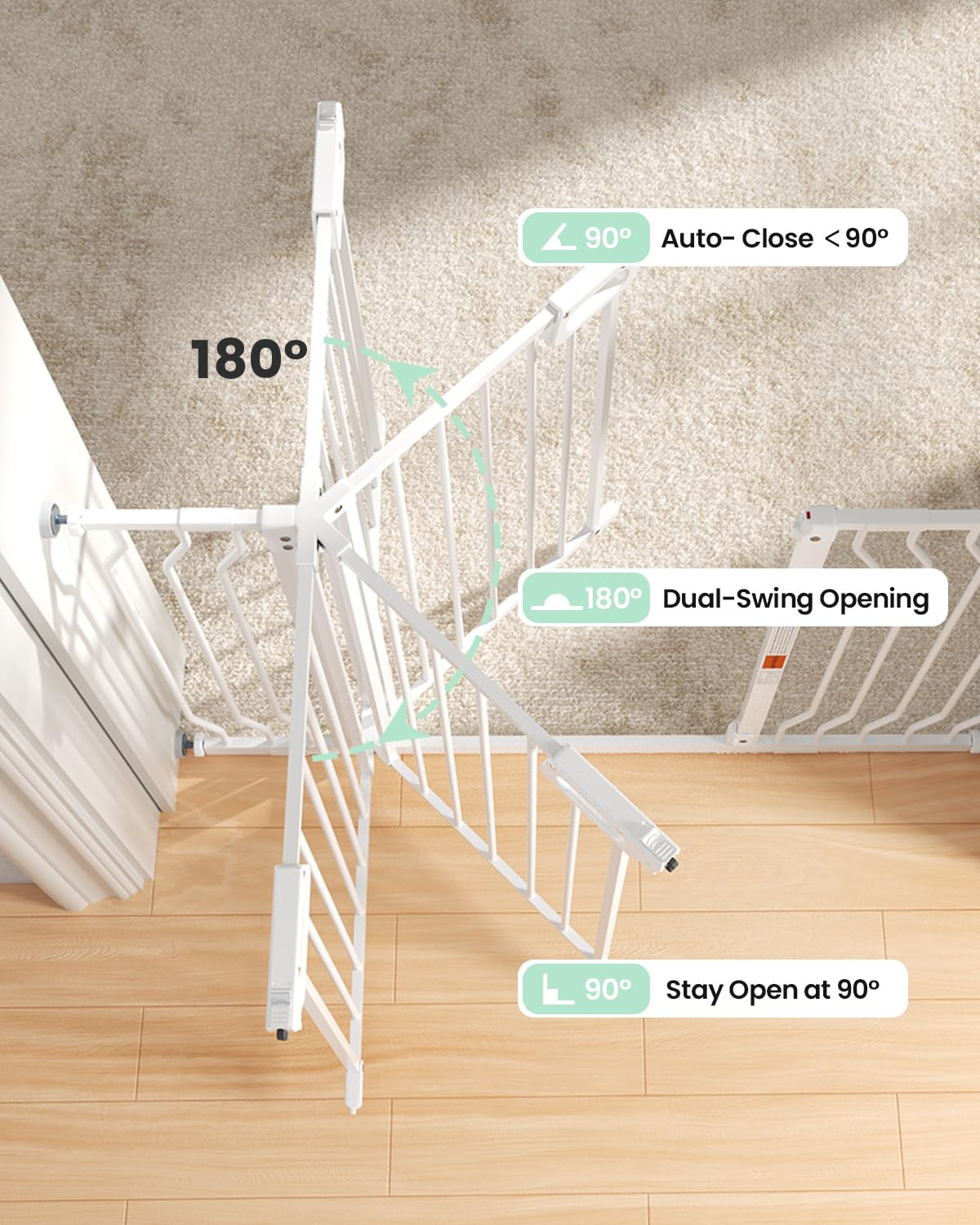 Grownsy Mom's Choice Baby Gate features 180-degree swing for convenient doorway passage