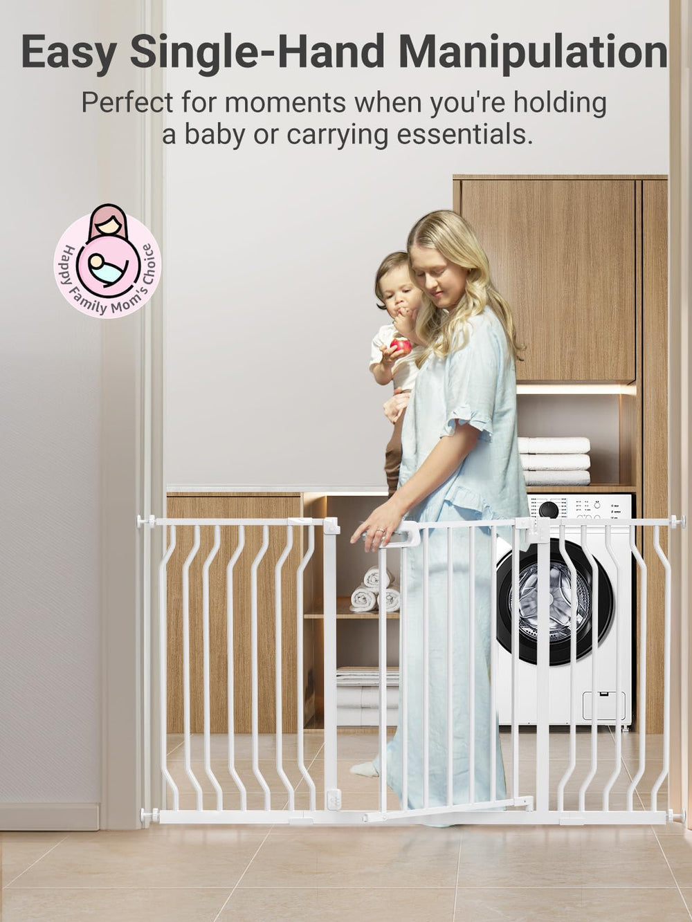 GROWNSY Mom's Choice gate highlights a robust double-locking one-handed operation.