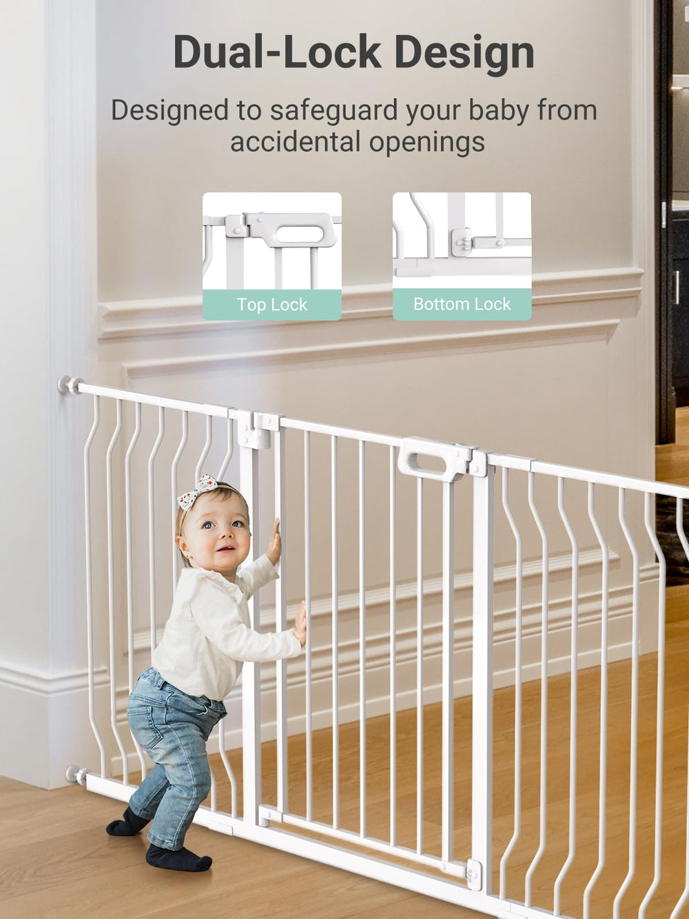 GROWNSY Mom's Choice gate shows drill-install with wall cups for stair safety.