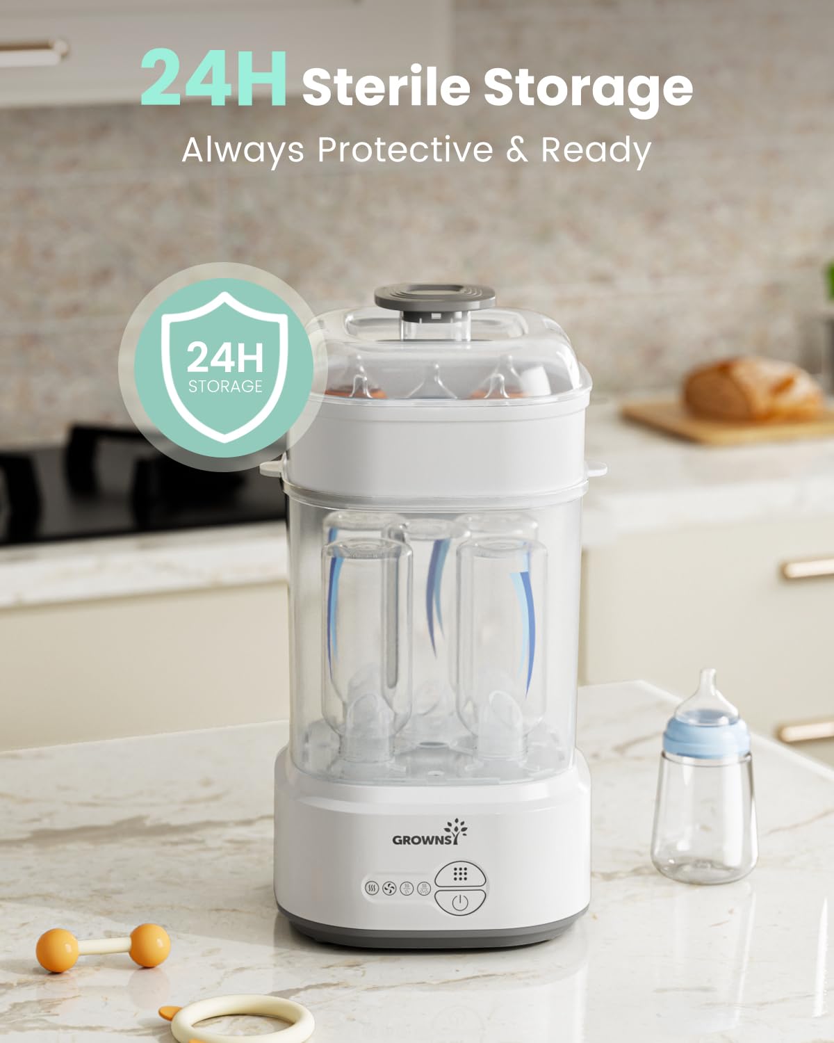 Grownsy multi-bin usage demonstrates sterilizer and dryer options