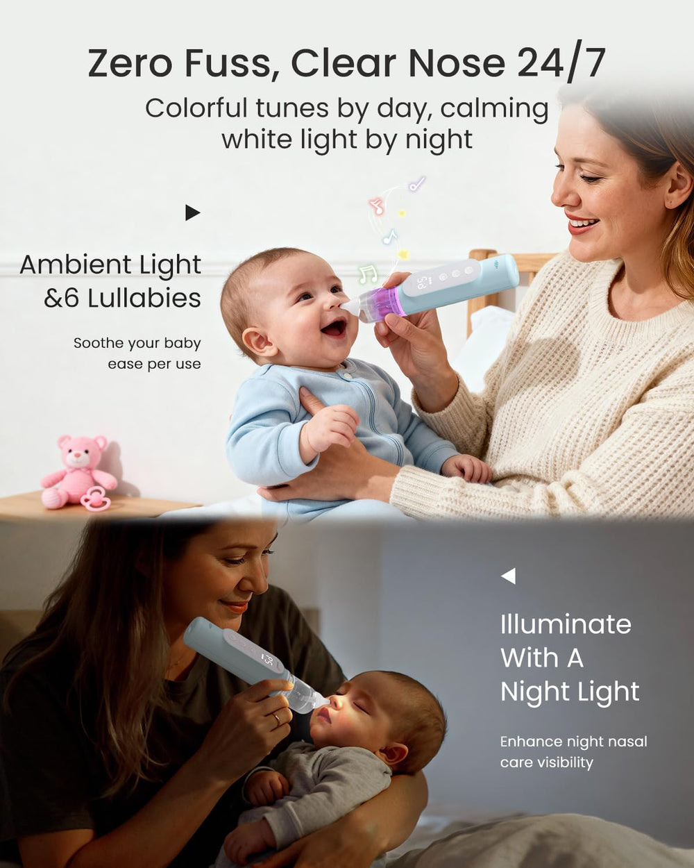 Grownsy nasal aspirator features automatic cleaning to reduce odor between uses.