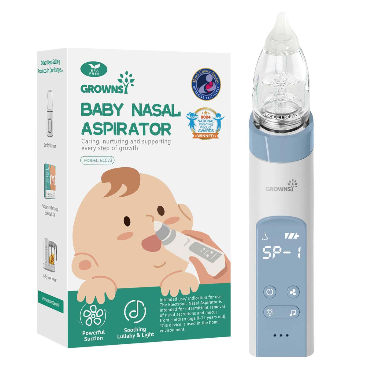 GROWNSY nasal aspirator blue shows compact design for gentle baby cleansing.