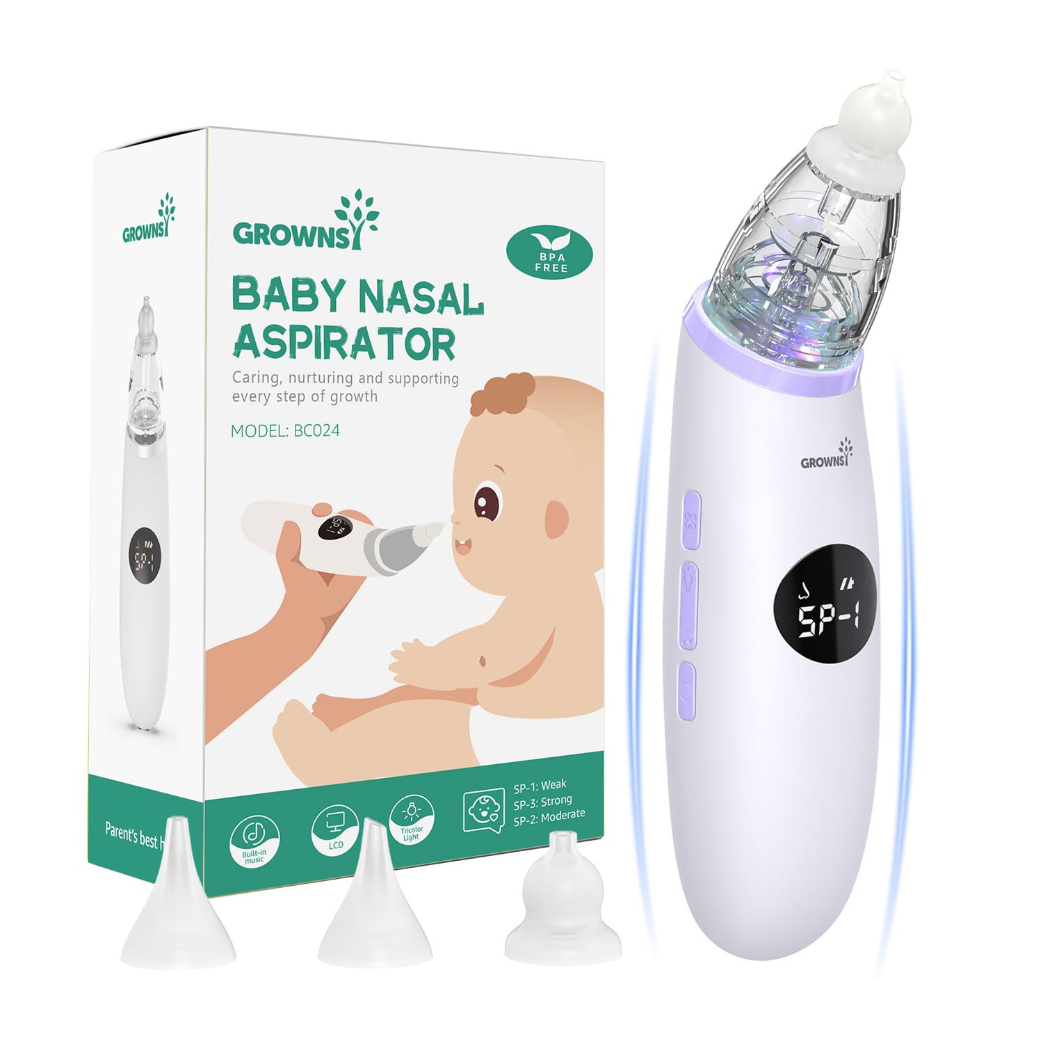GROWNSY Nasal Aspirator front view shows the purple ergonomic design for baby comfort.