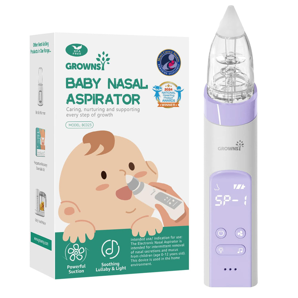 GROWNSY nasal aspirator setup showcases simple controls for quick, gentle baby nose cleaning.