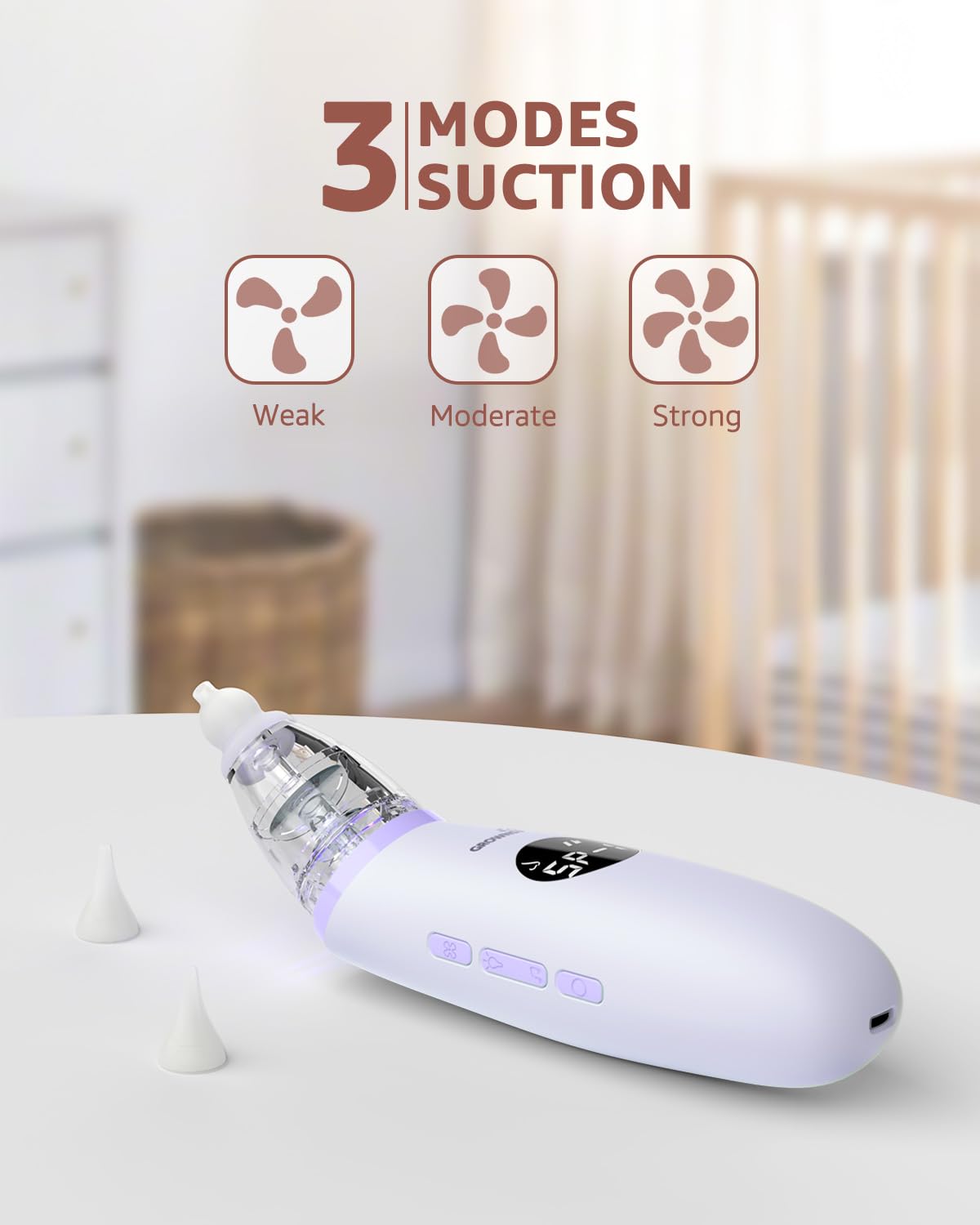 GROWNSY Nasal Aspirator side view demonstrates compact, ergonomic grip for parents.