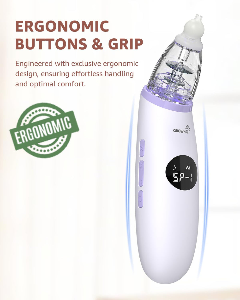 GROWNSY Nasal Aspirator silicone tips illustrate soft, safe contact with tiny noses.