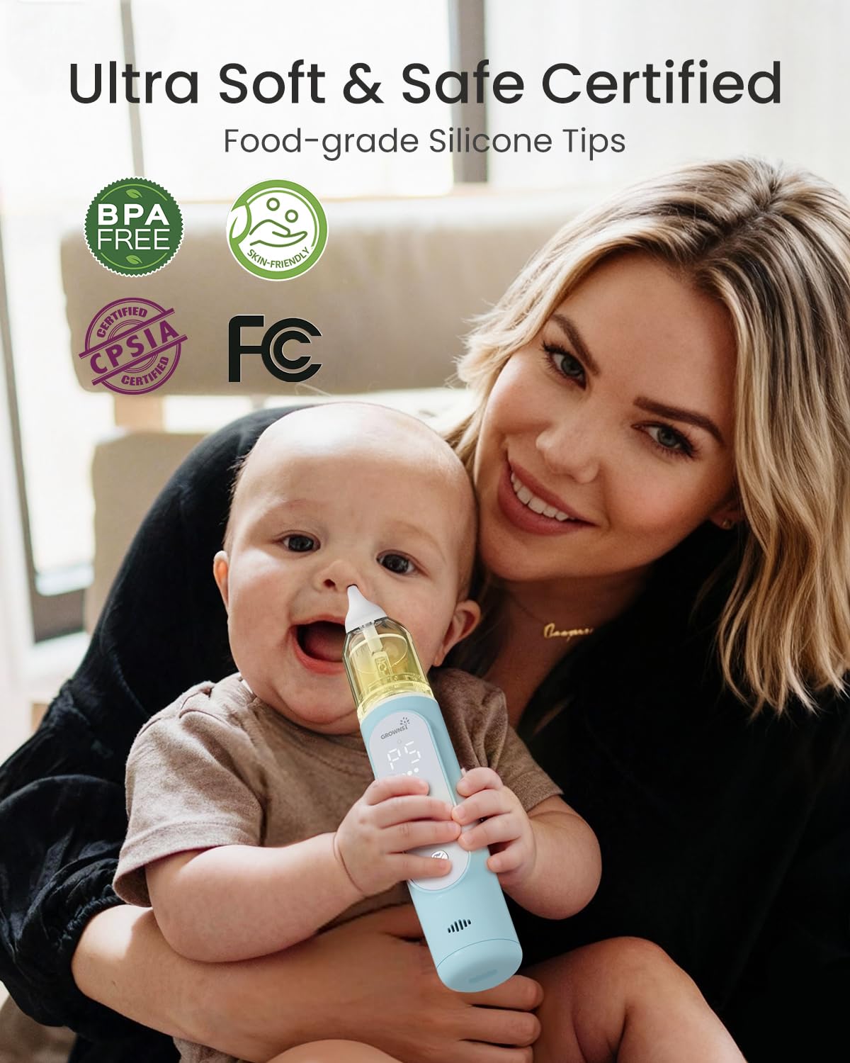 Grownsy nasal aspirator uses silicone tips for safe, hygienic suction.