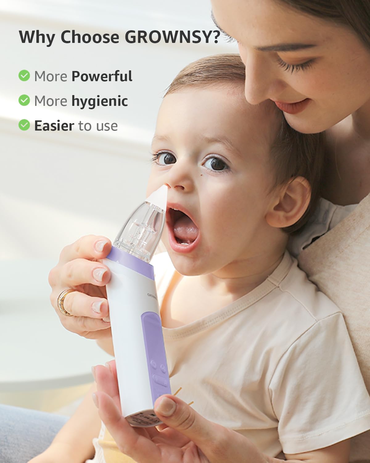 GROWNSY soft-tip nozzle trio ensures gentle contact with baby's delicate nose.