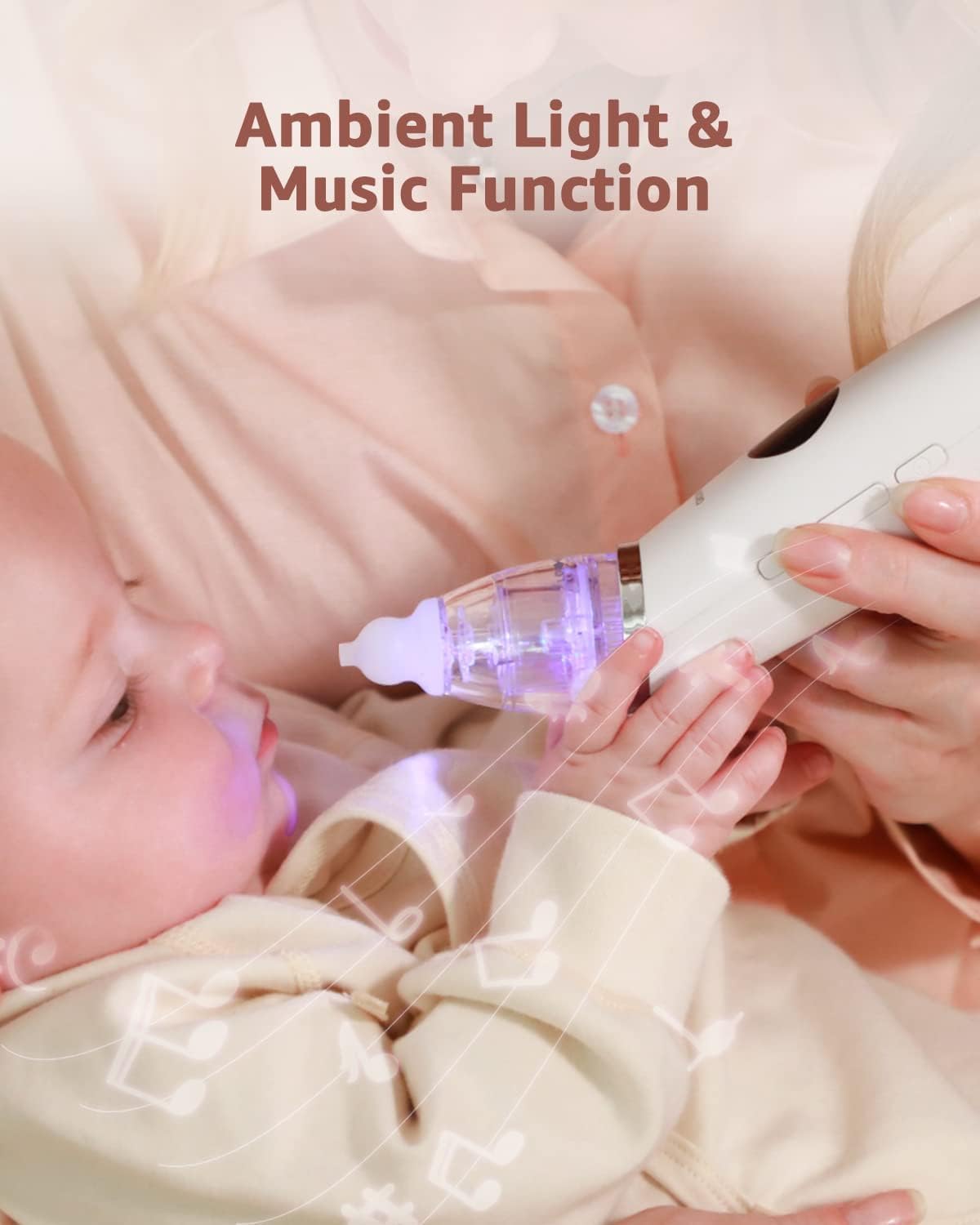 GROWNSY nasal aspirator white USB charging image shows cordless use and long operation.