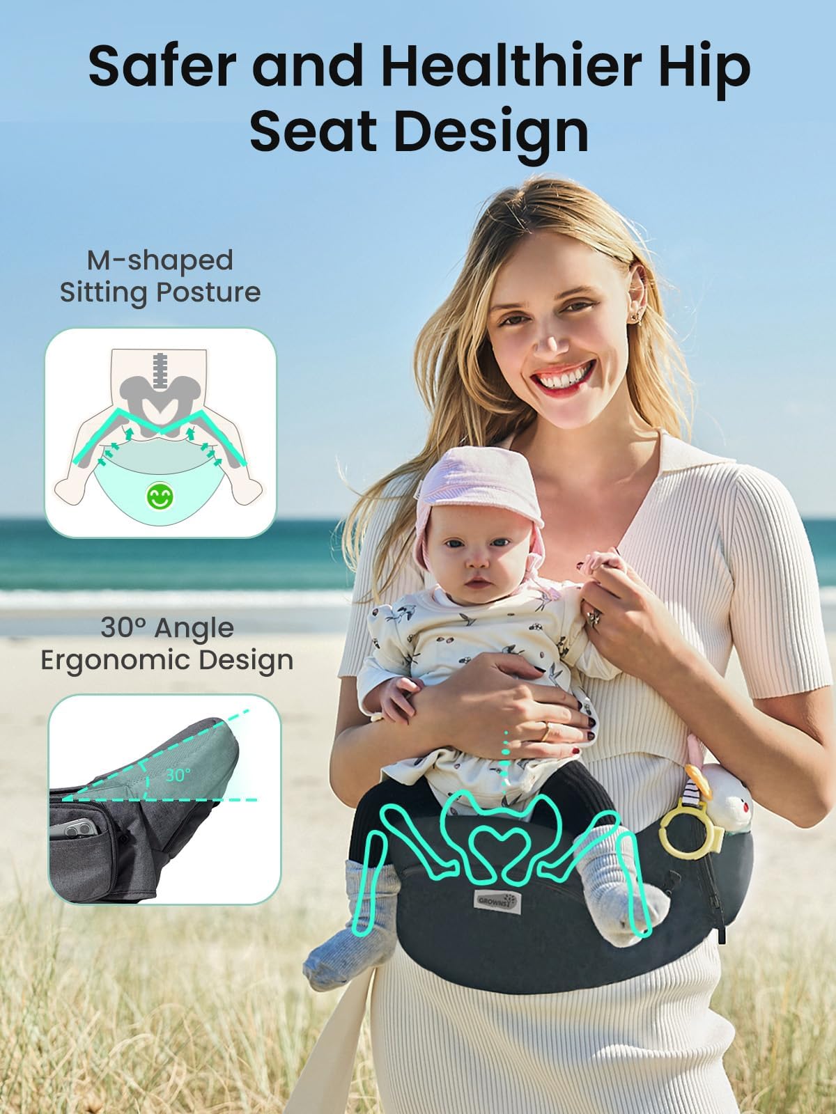 GROWNSY non-slip hip seat supports baby securely while keeping parent supported.