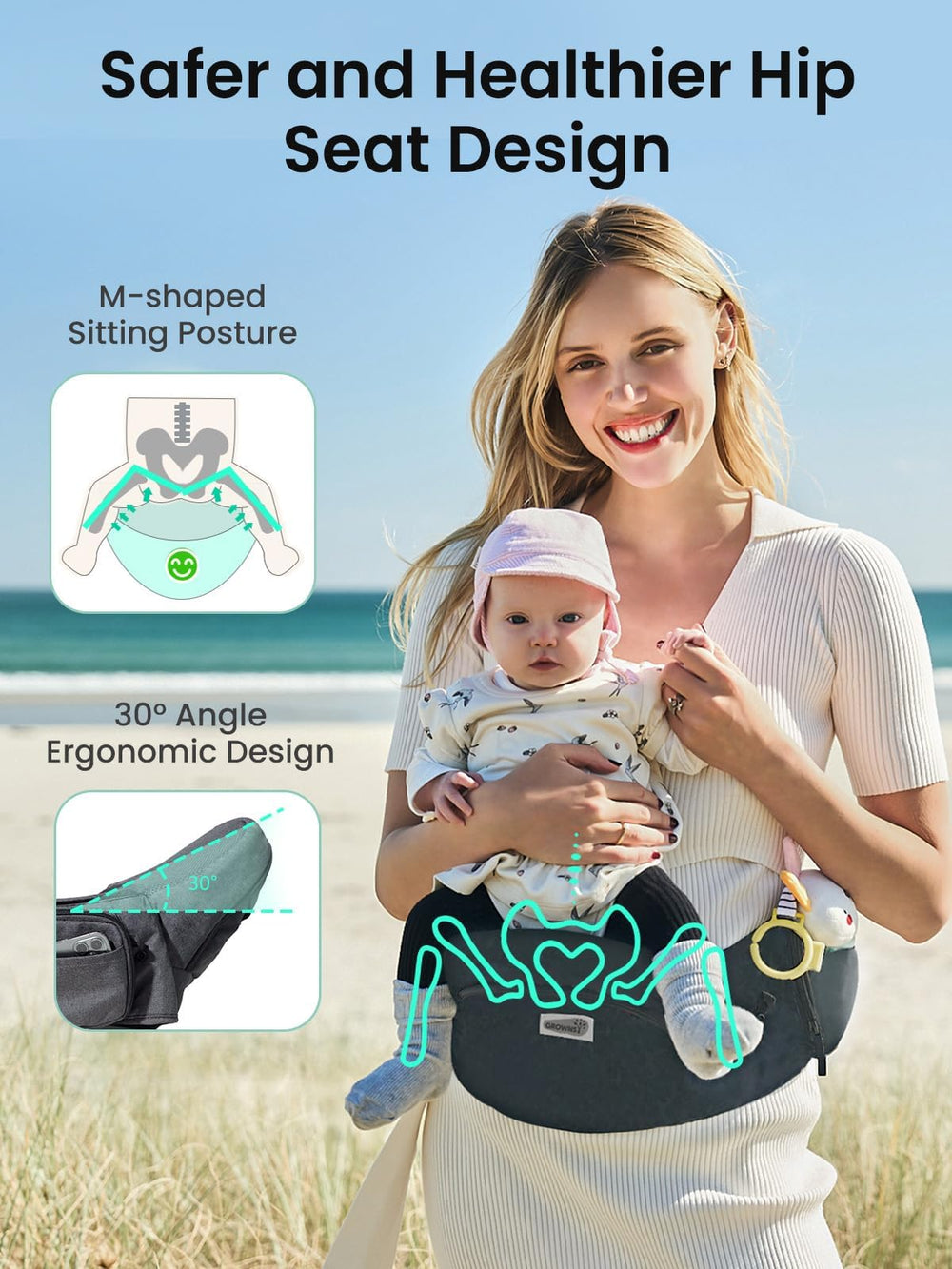 GROWNSY non-slip hip seat supports baby securely while keeping parent supported.