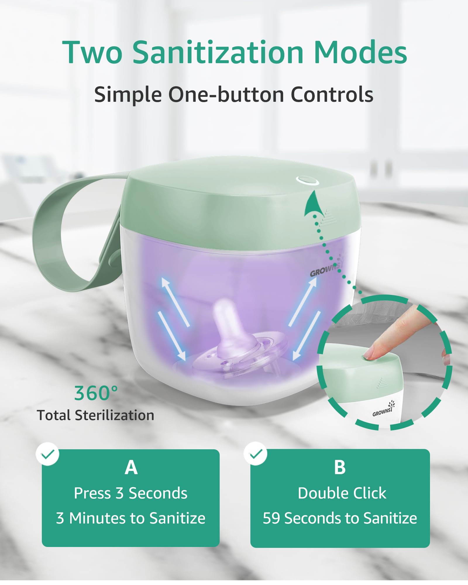 GROWNSY Pacifier Sanitizer Green UV-C LED in action disinfecting items quickly.