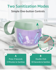 GROWNSY Pacifier Sanitizer Green UV-C LED in action disinfecting items quickly.