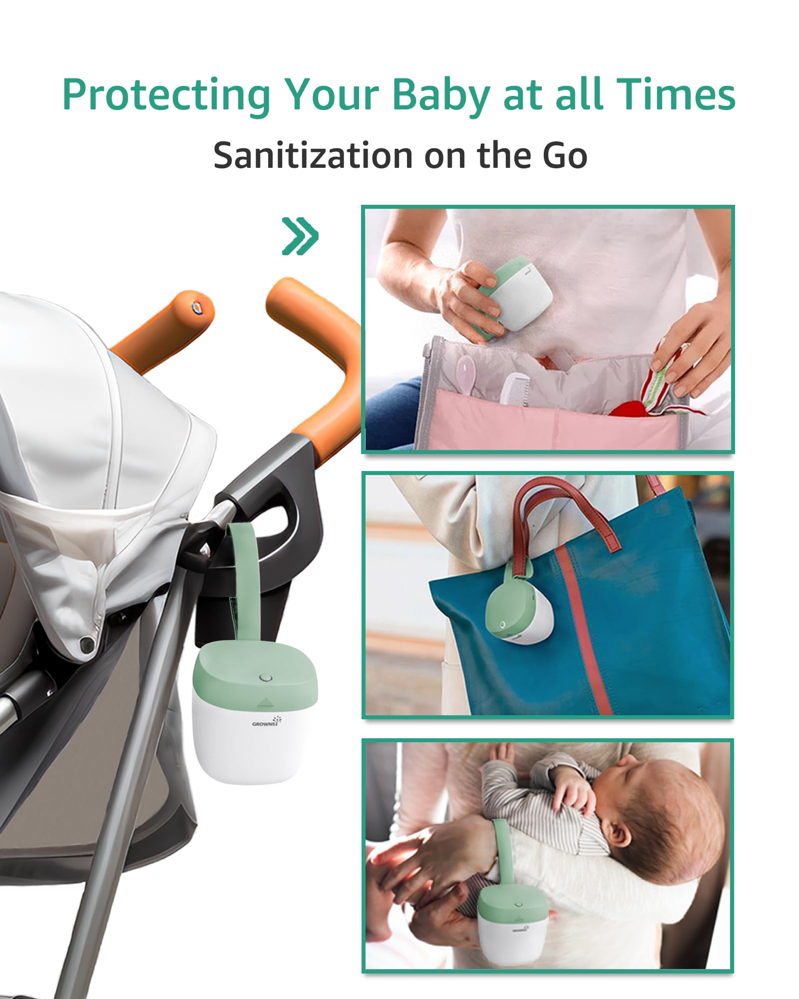 GROWNSY Pacifier Sanitizer Green compact case shown charging on a table.