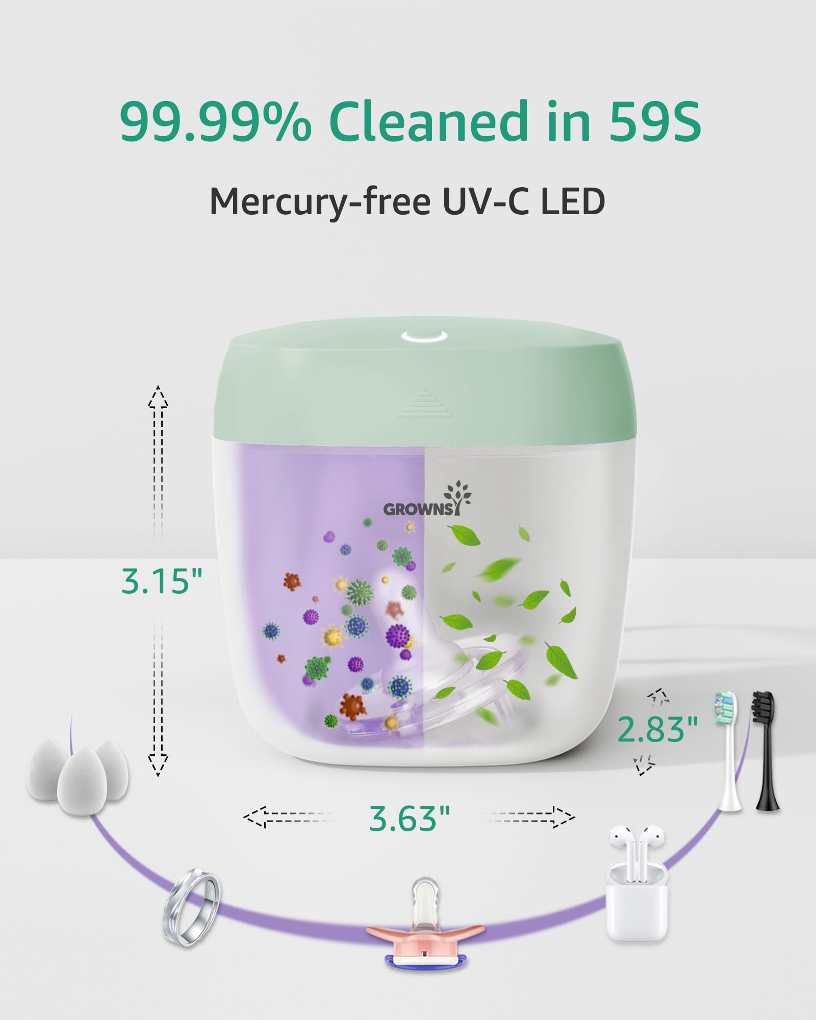 GROWNSY Pacifier Sanitizer Green portable strap allows attachment to stroller or bag.