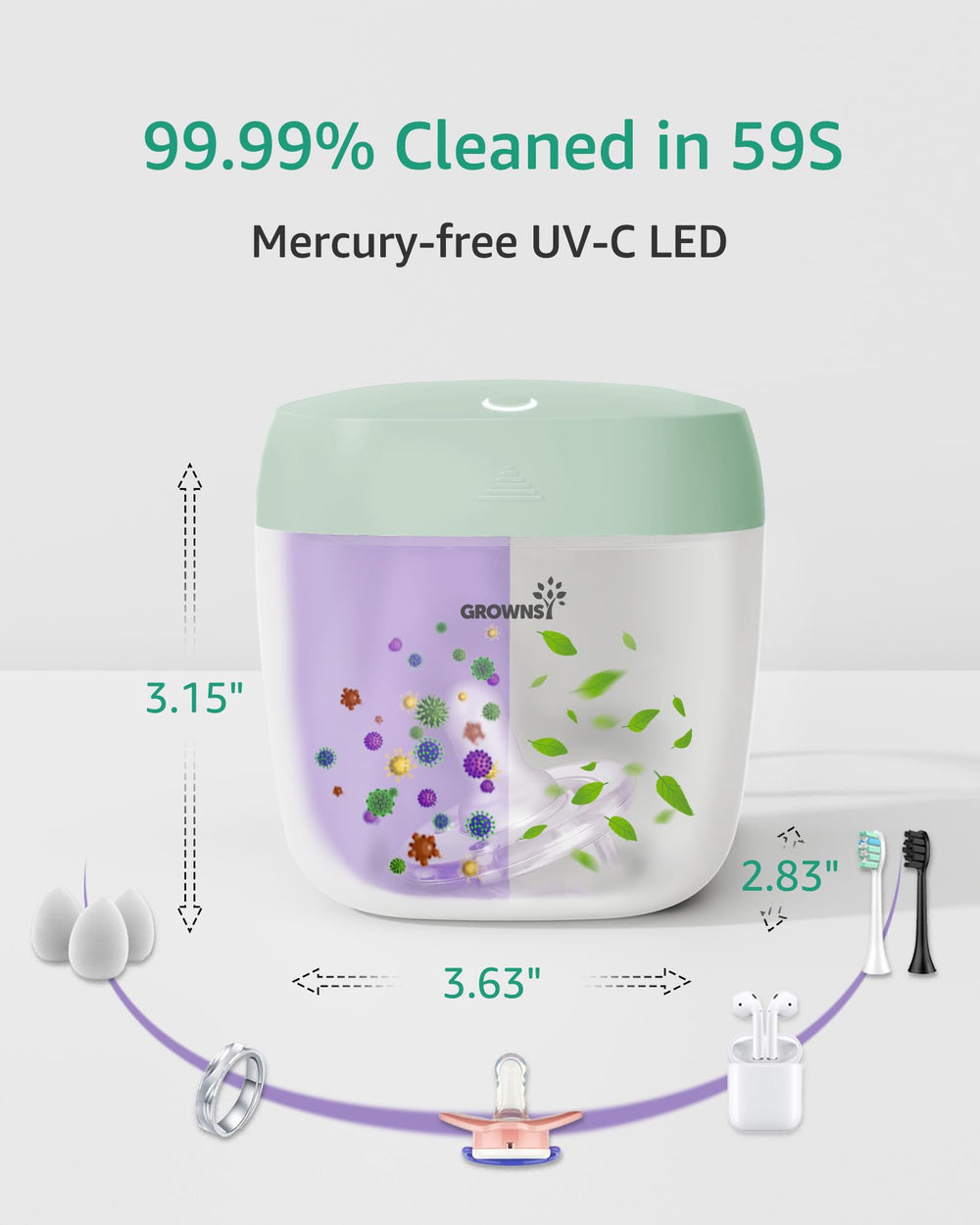 GROWNSY Pacifier Sanitizer Green portable strap allows attachment to stroller or bag.