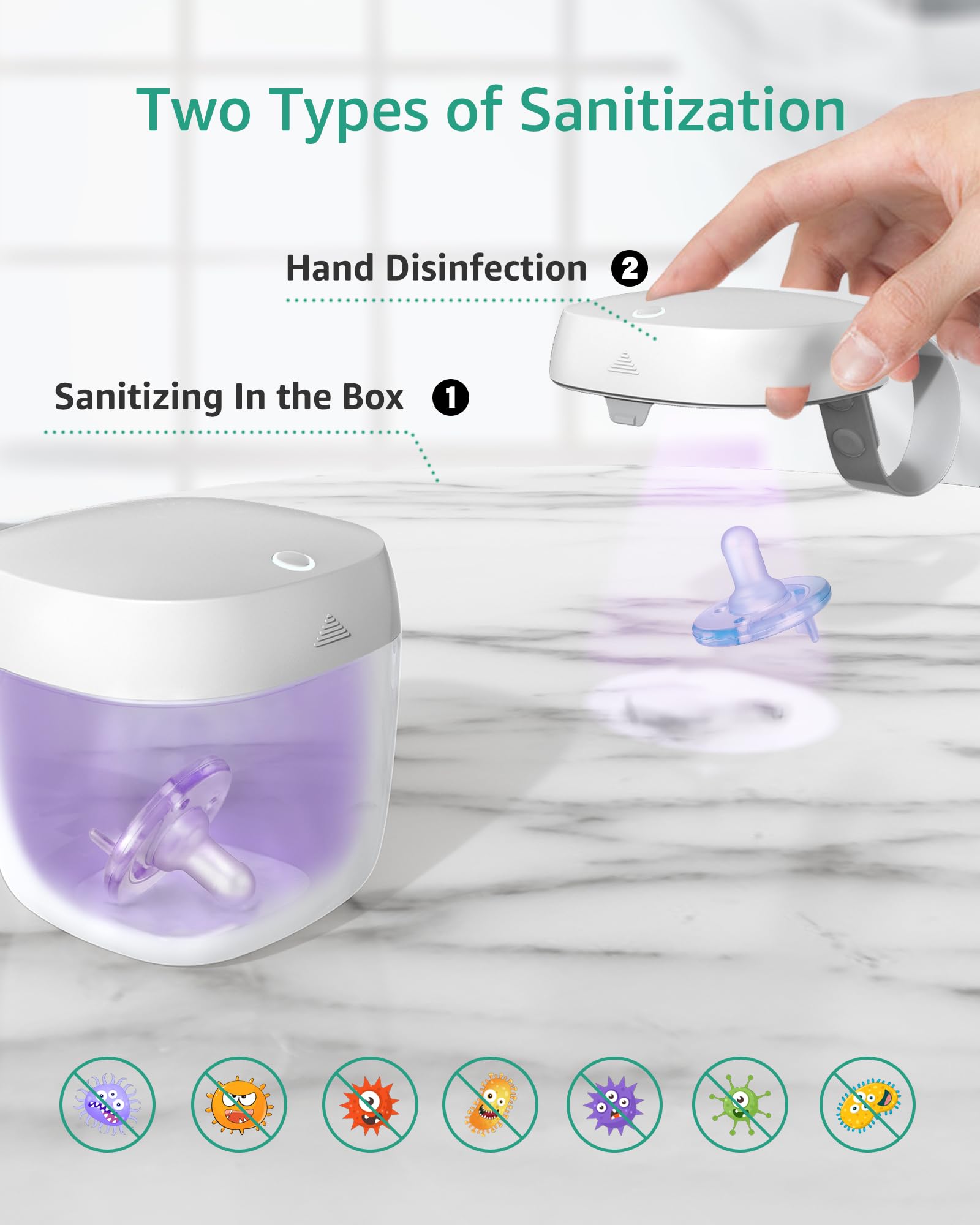 GROWNSY pacifier sanitizer lid-off method showcases a 2-in-1 cleaning option.