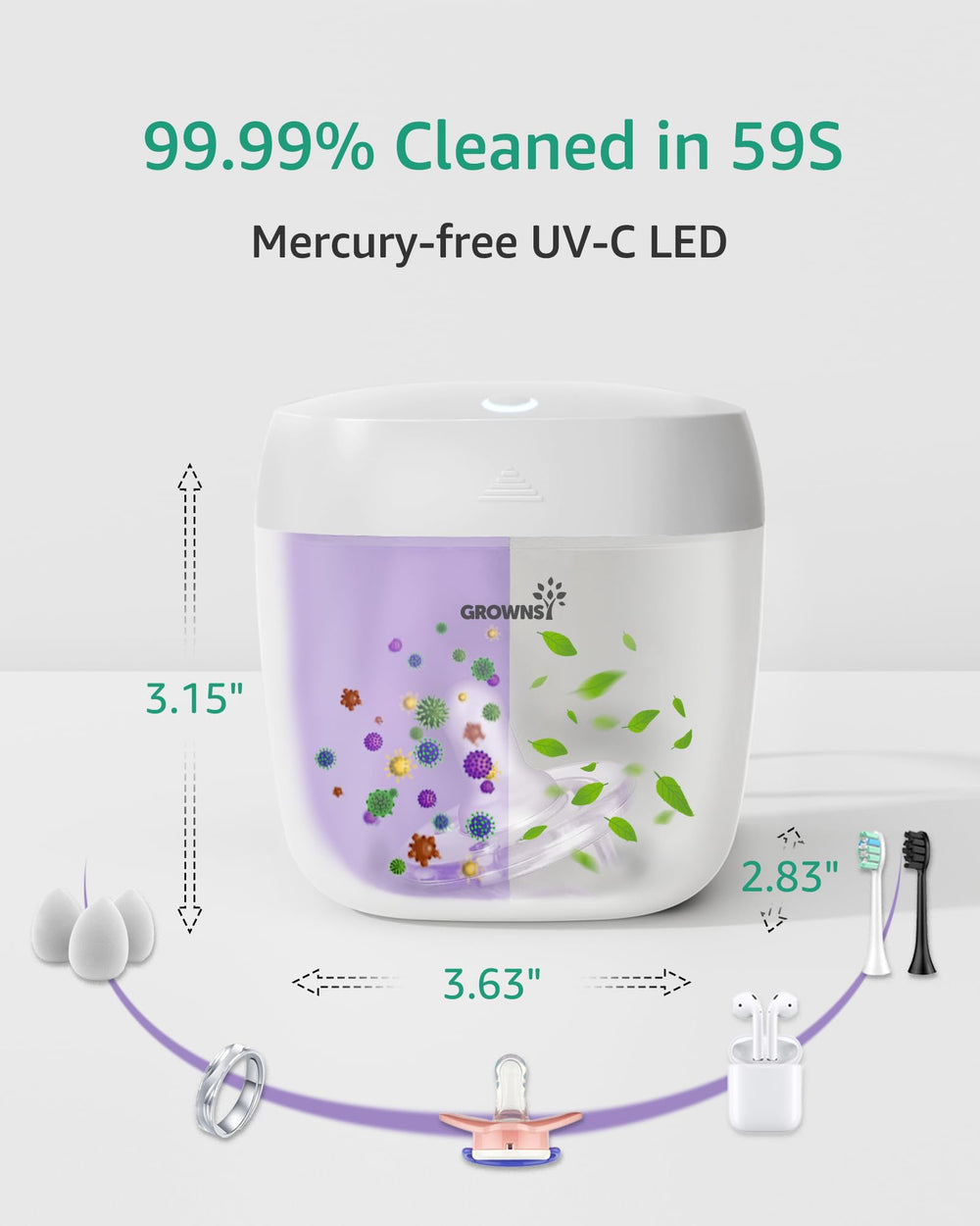 GROWNSY pacifier sanitizer USB charging port highlights convenient on-the-go sanitization.
