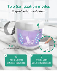 GROWNSY pacifier sanitizer UV lamp demonstrates rapid 59-second cleaning on-the-go.