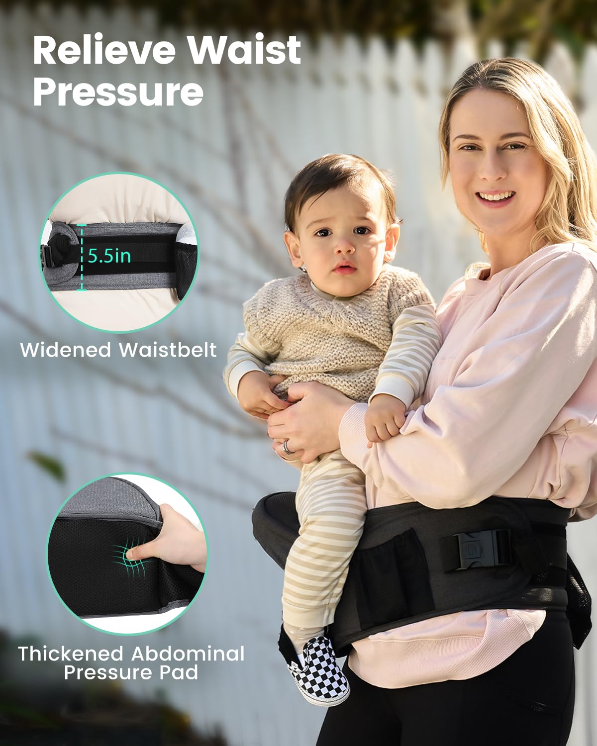 Grownsy padded abdominal pad reduces pressure during long walks.