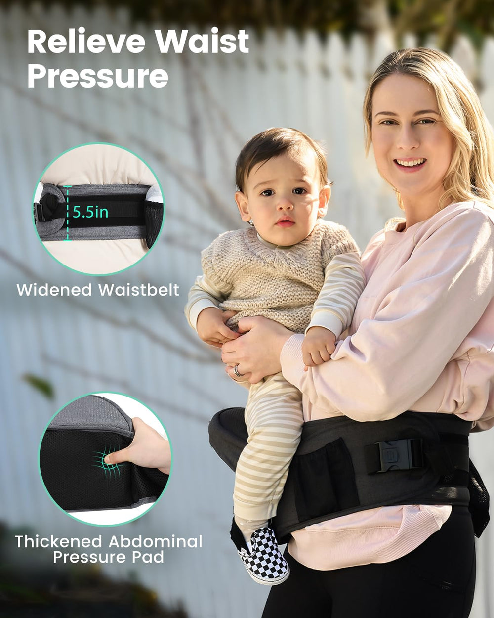 Grownsy padded abdominal pad reduces pressure during long walks.