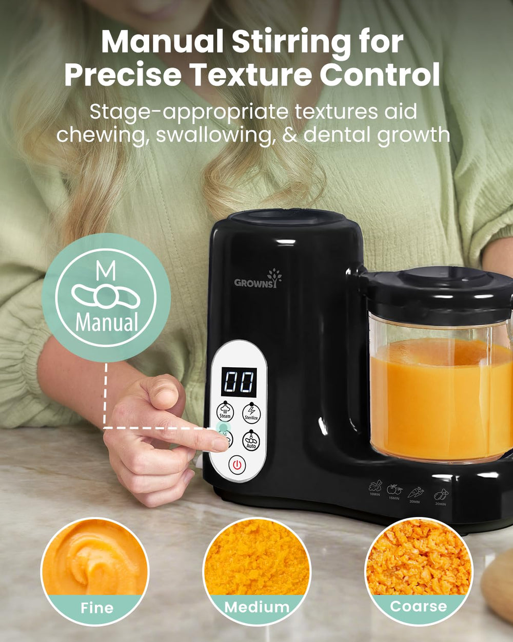 Grownsy blending action image highlights easy puree texture control for varied baby tastes