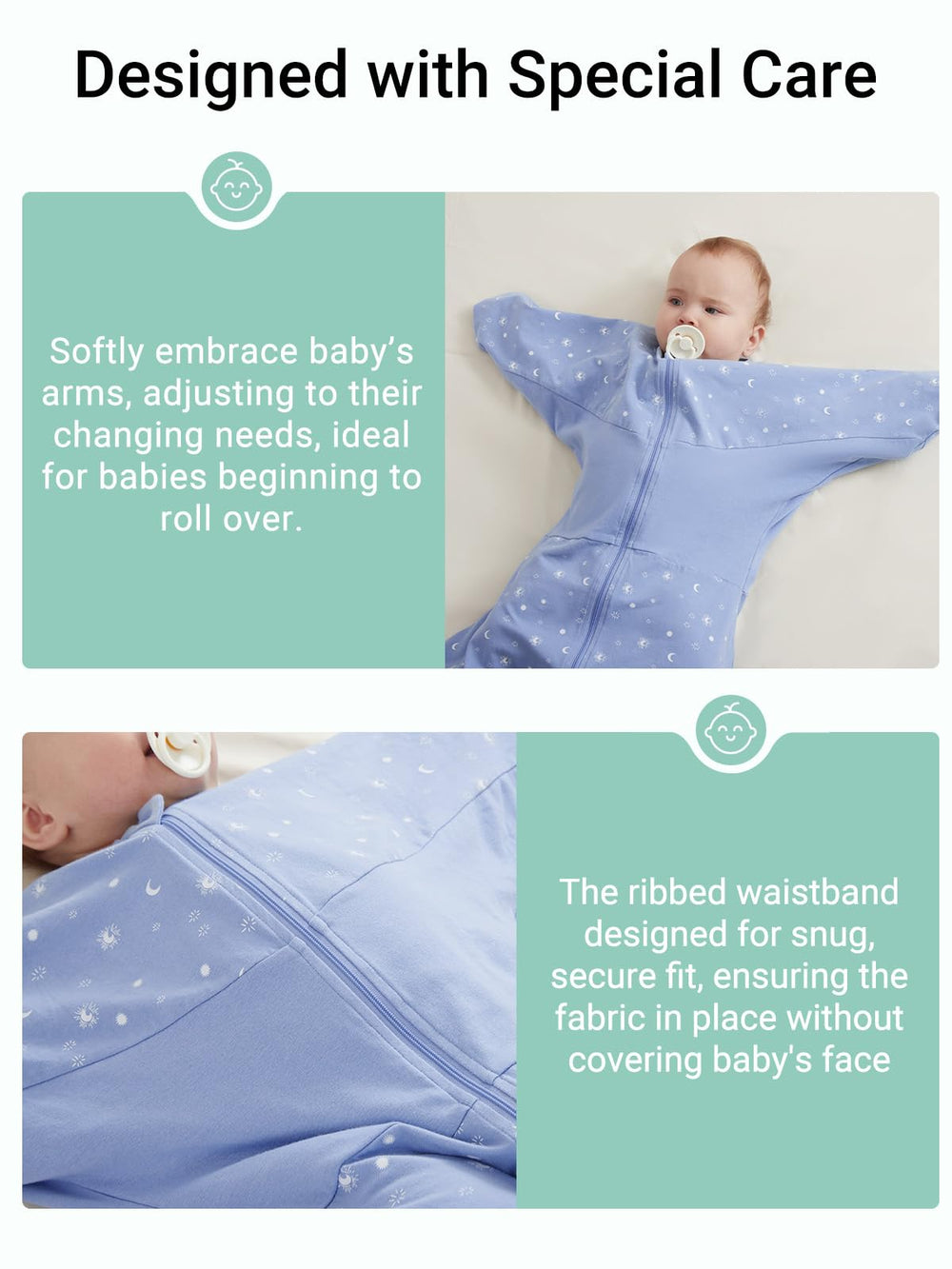 Grownsy ribbed waistband ensures snug fit without covering the baby's face.