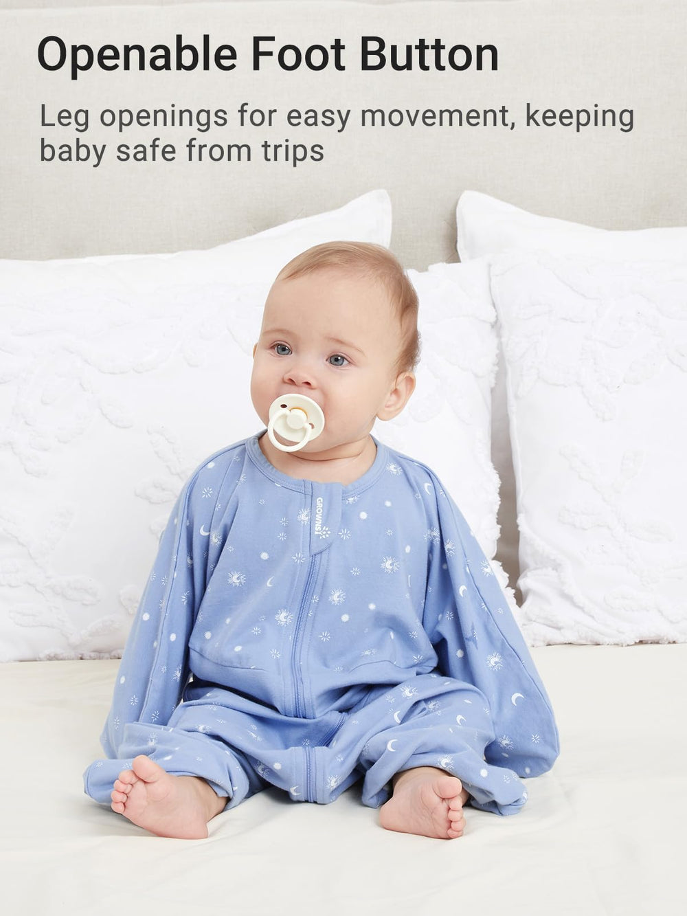 Grownsy roomy hip-friendly design supports healthy hip development during sleep.