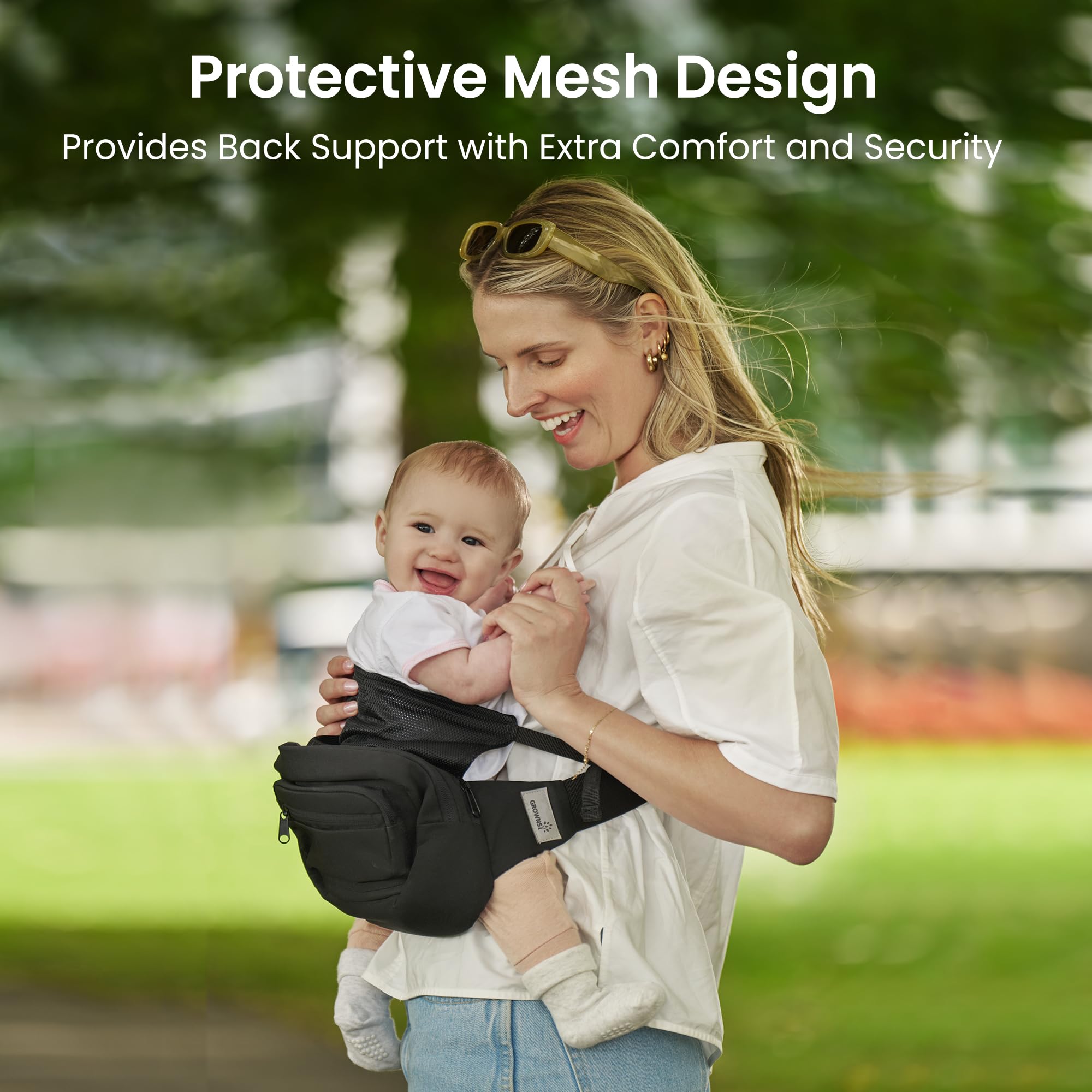 GROWNSY carrier safety buckle with backup loop provides extra security.