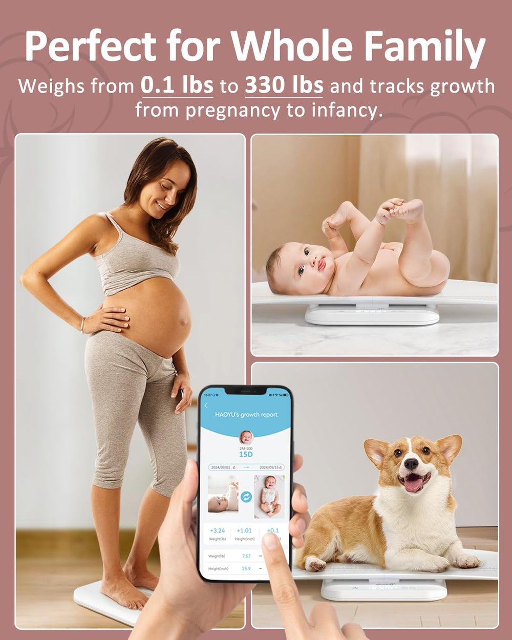 GROWNSY Scale with 330-lbs capacity suits babies, pets, and adults.