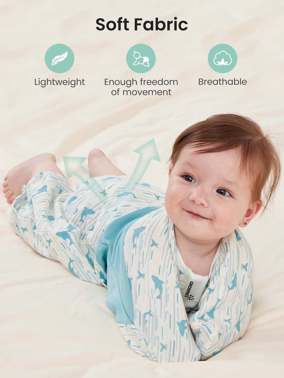 Growns y starfish print close-up reveals soft fabric and snug feel