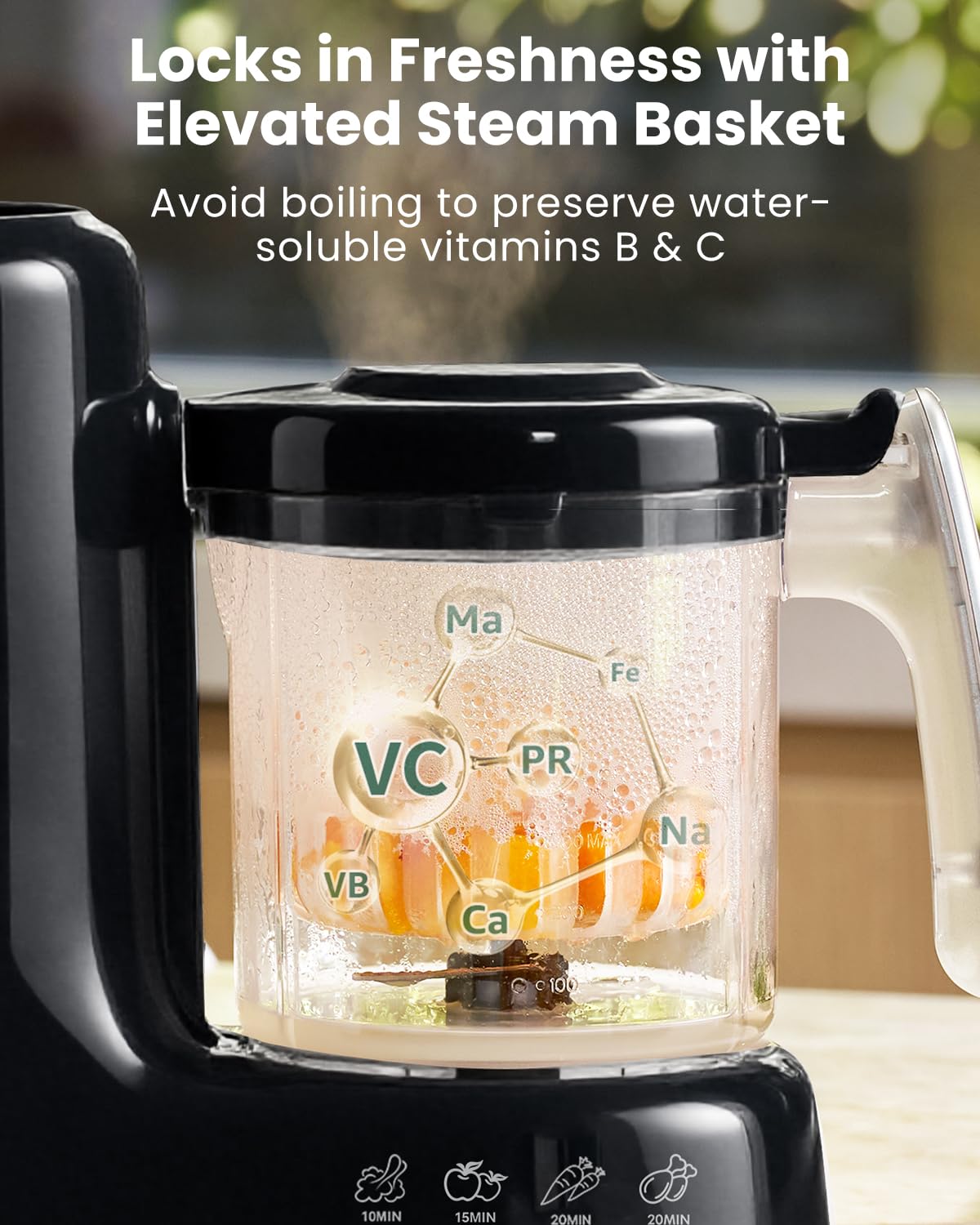 Grownsy steam basket close-up shows BPA-free materials for worry-free baby meals
