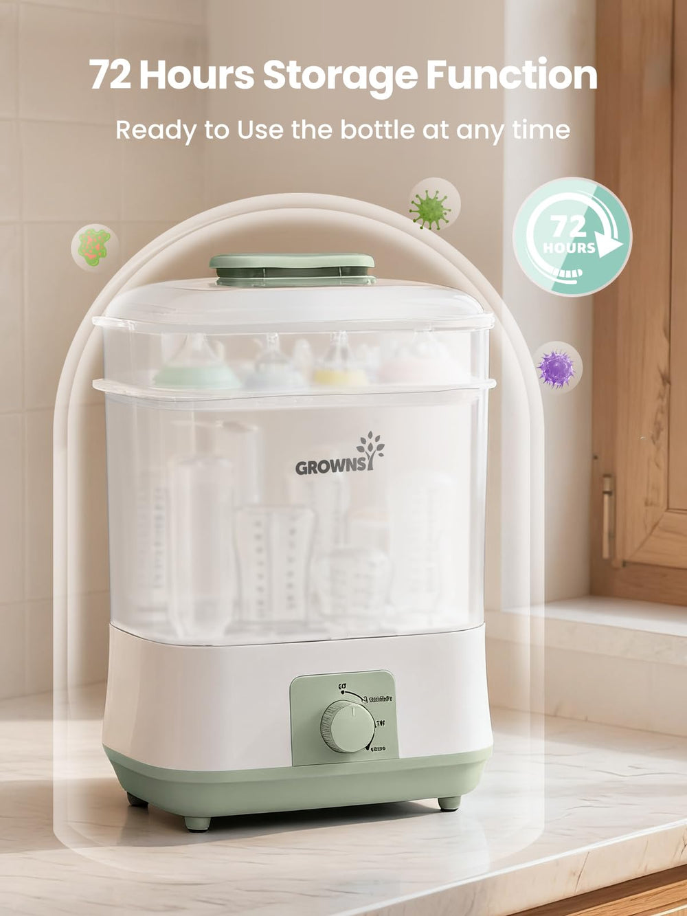 GROWNSY storage mode keeps sanitized bottles safe for 72 hours