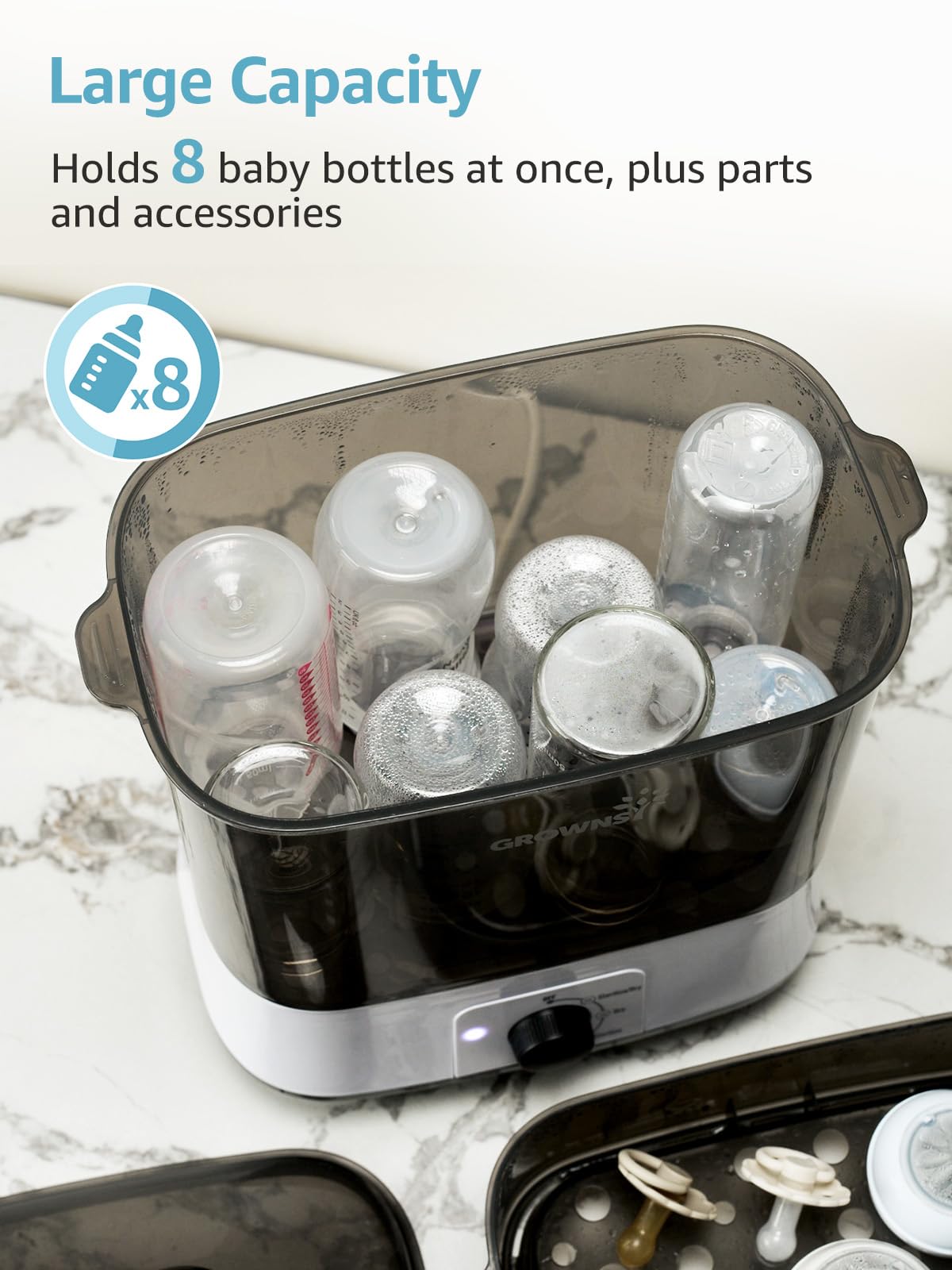 GROWNSY storage mode keeps sanitized bottles ready after use for hours.