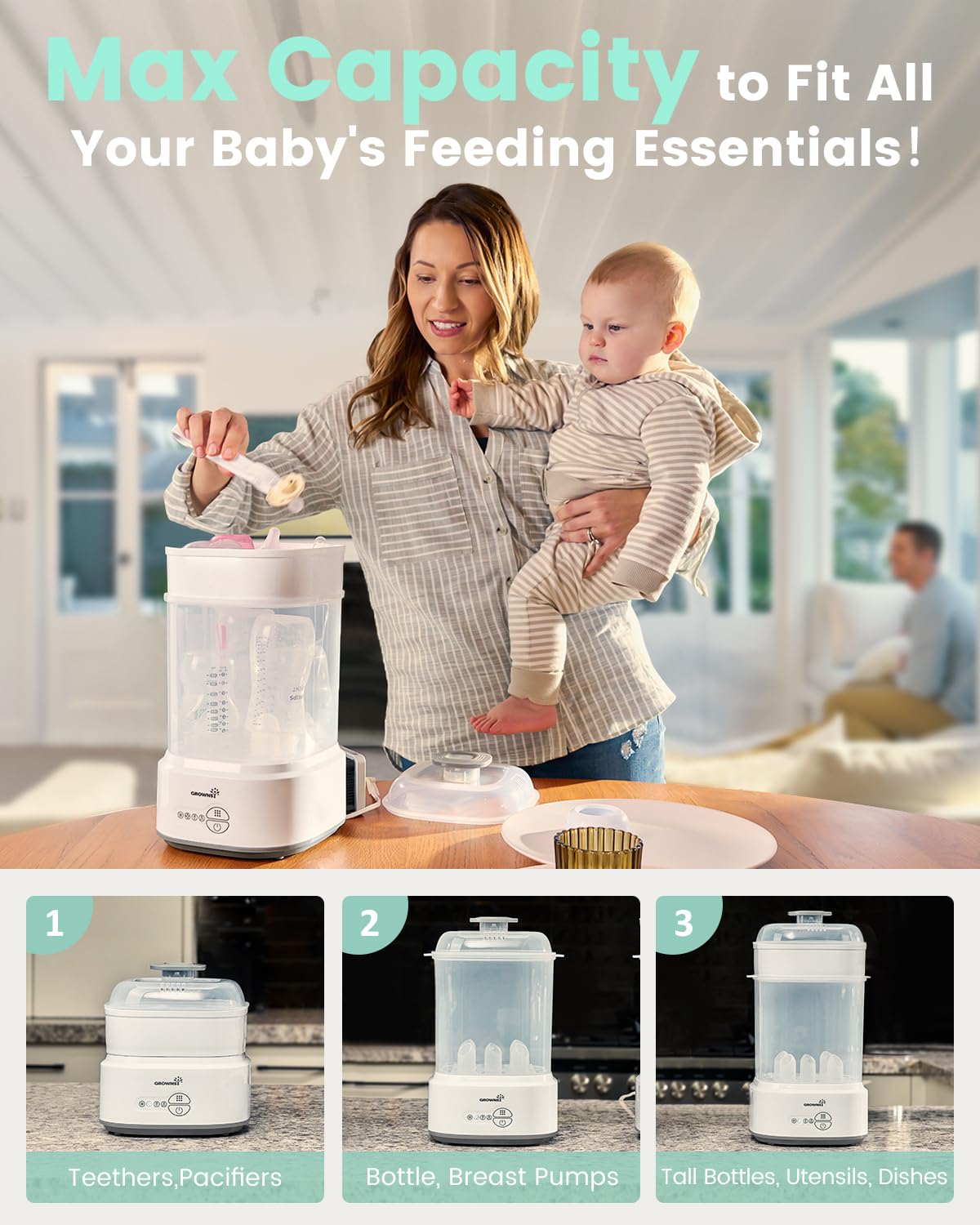 Grownsy universal-fit bottles and pacifiers accommodated by the system