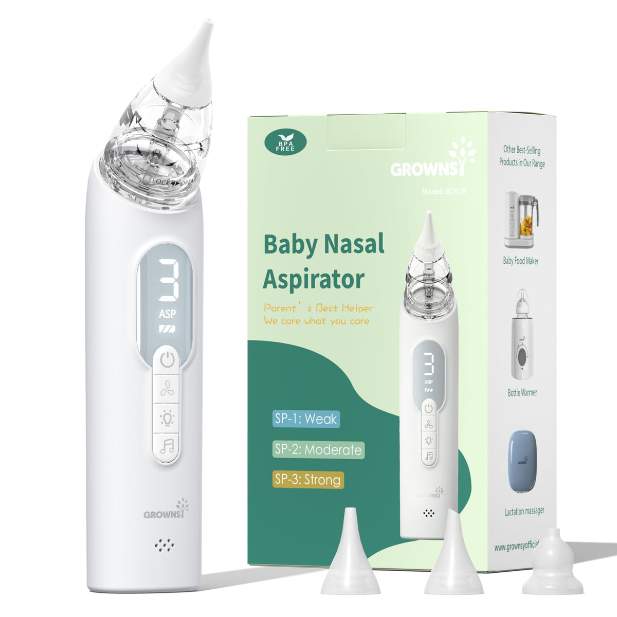 Growns y Upgrade Nasal Aspirator front view showing compact ergonomic design for one-handed use.