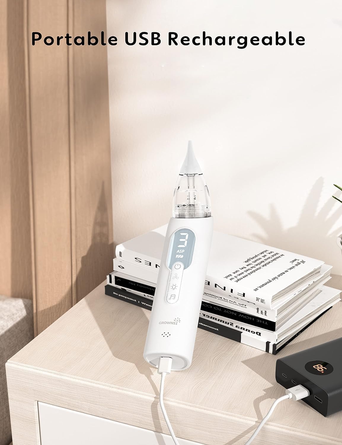 Growns y Upgrade Nasal Aspirator rechargeable unit with USB-C cable for quick charging.