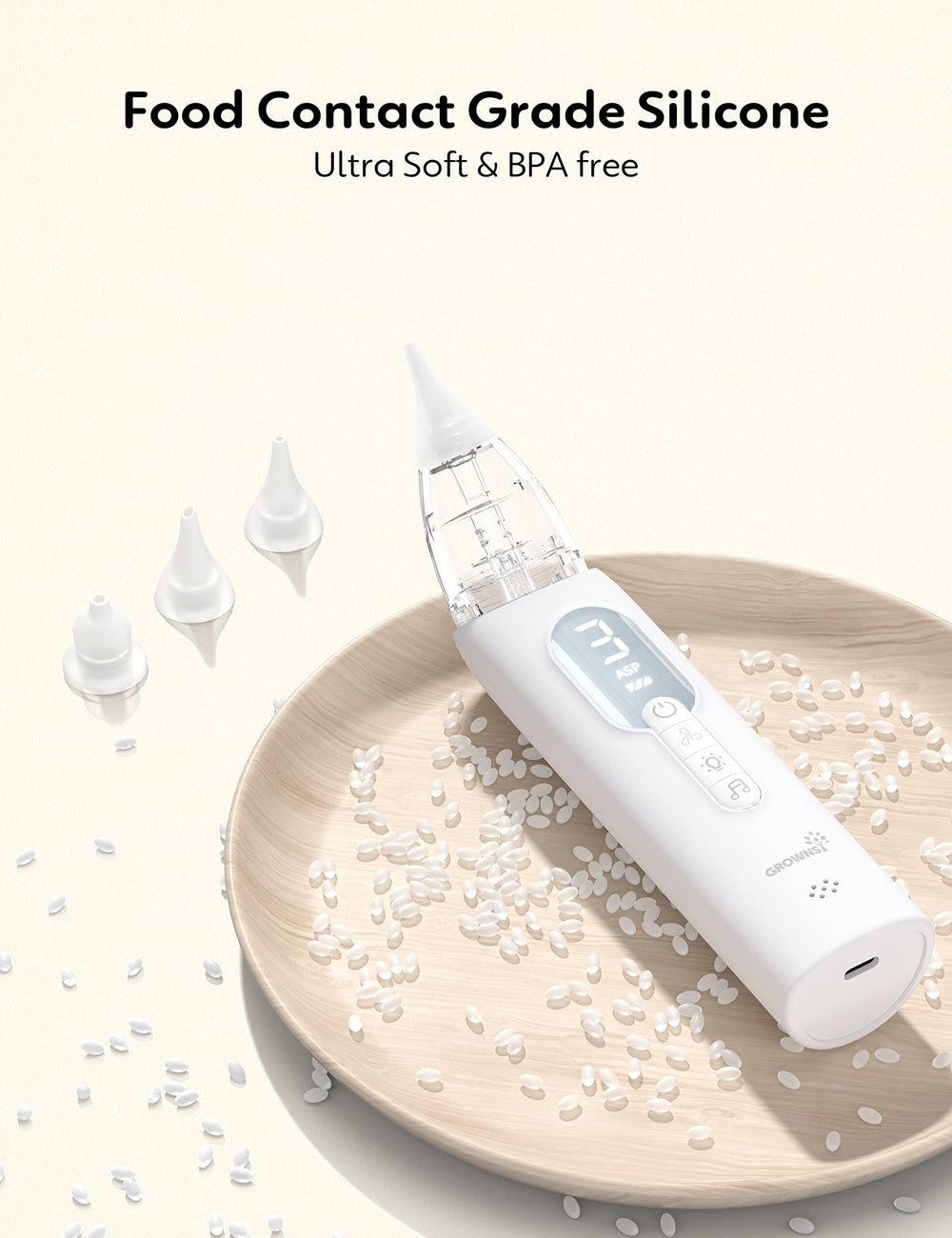 Growns y Upgrade Nasal Aspirator suction levels illustrate adjustable power for sensitive noses.