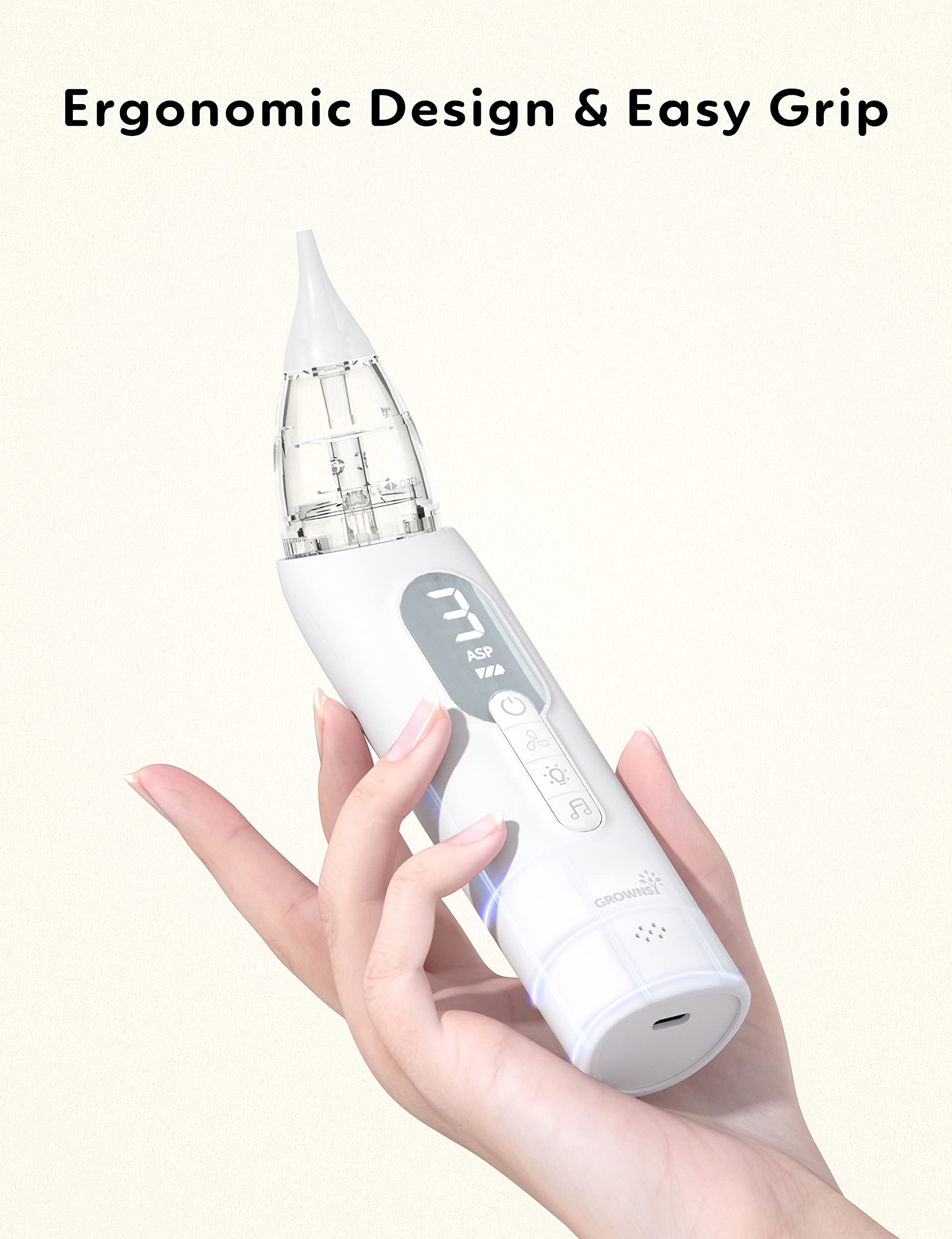Growns y Upgrade Nasal Aspirator transparent reservoir for easy checking and cleaning.
