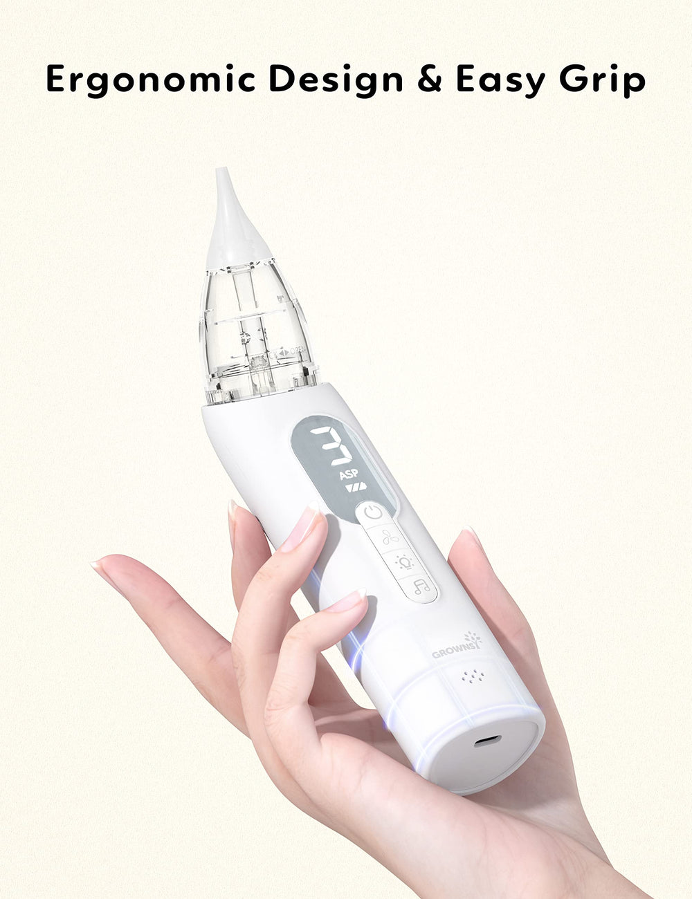 Growns y Upgrade Nasal Aspirator transparent reservoir for easy checking and cleaning.