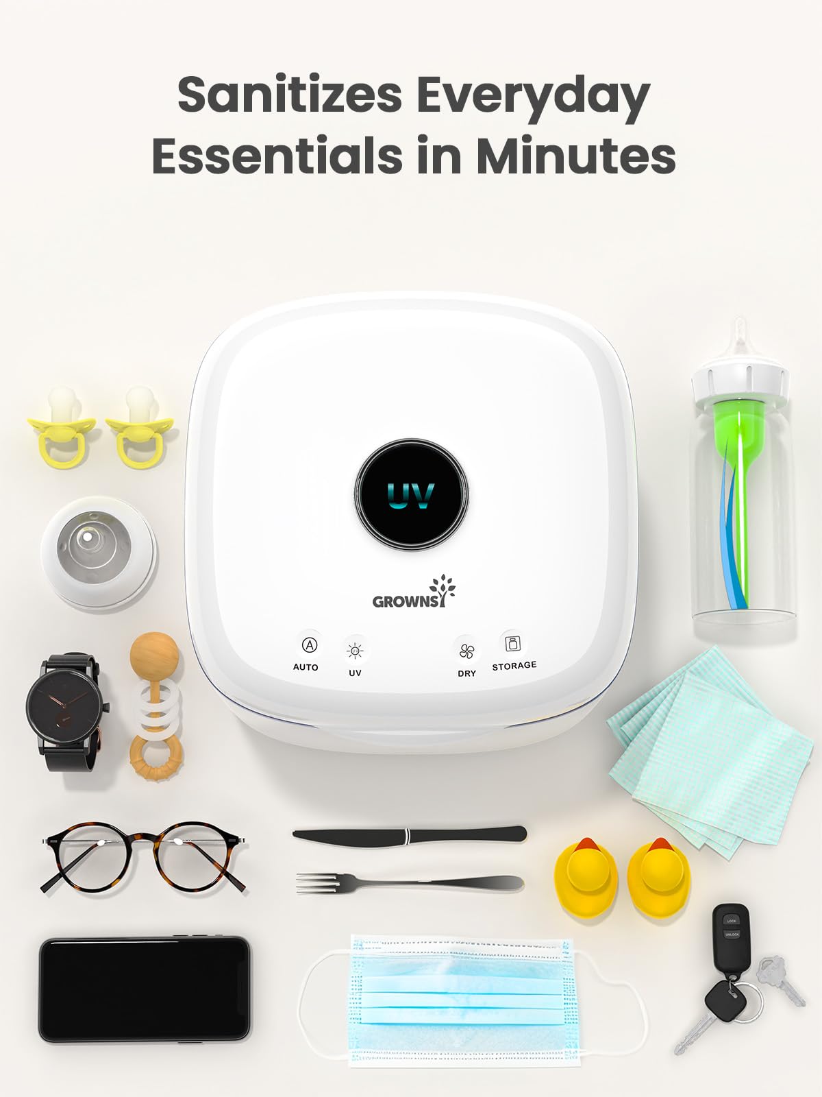 GROWNSY UV Sanitizer Dryer 4-in-1 modes support sanitizing, drying, and storage