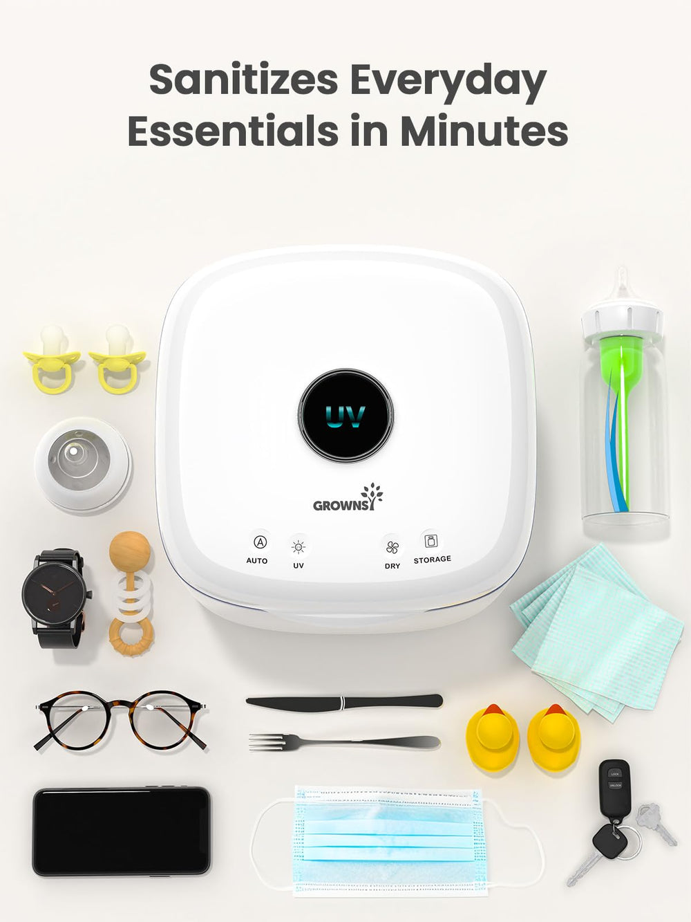 GROWNSY UV Sanitizer Dryer 4-in-1 modes support sanitizing, drying, and storage