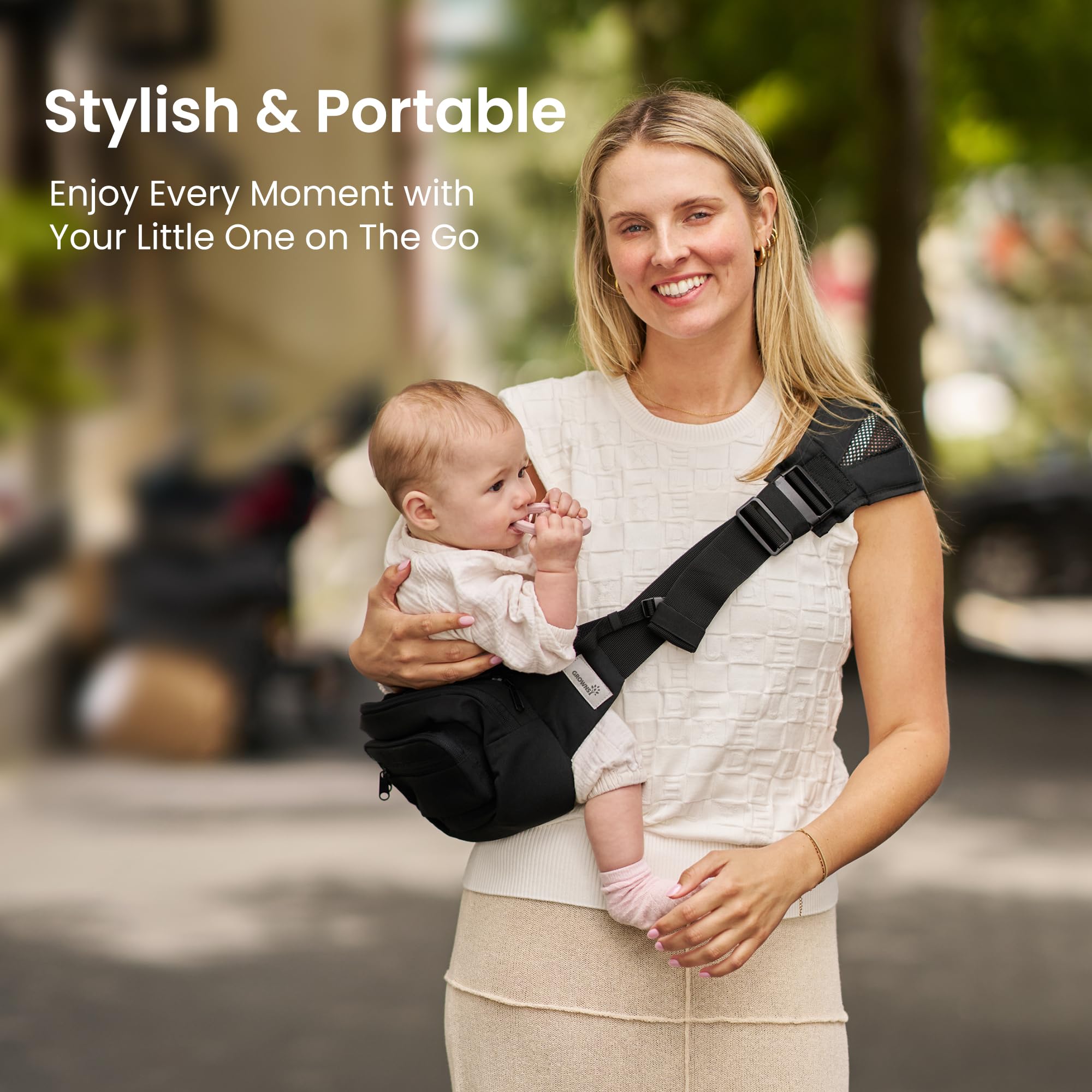 GROWNSY carrier fits 12–36 lb for growing babies.