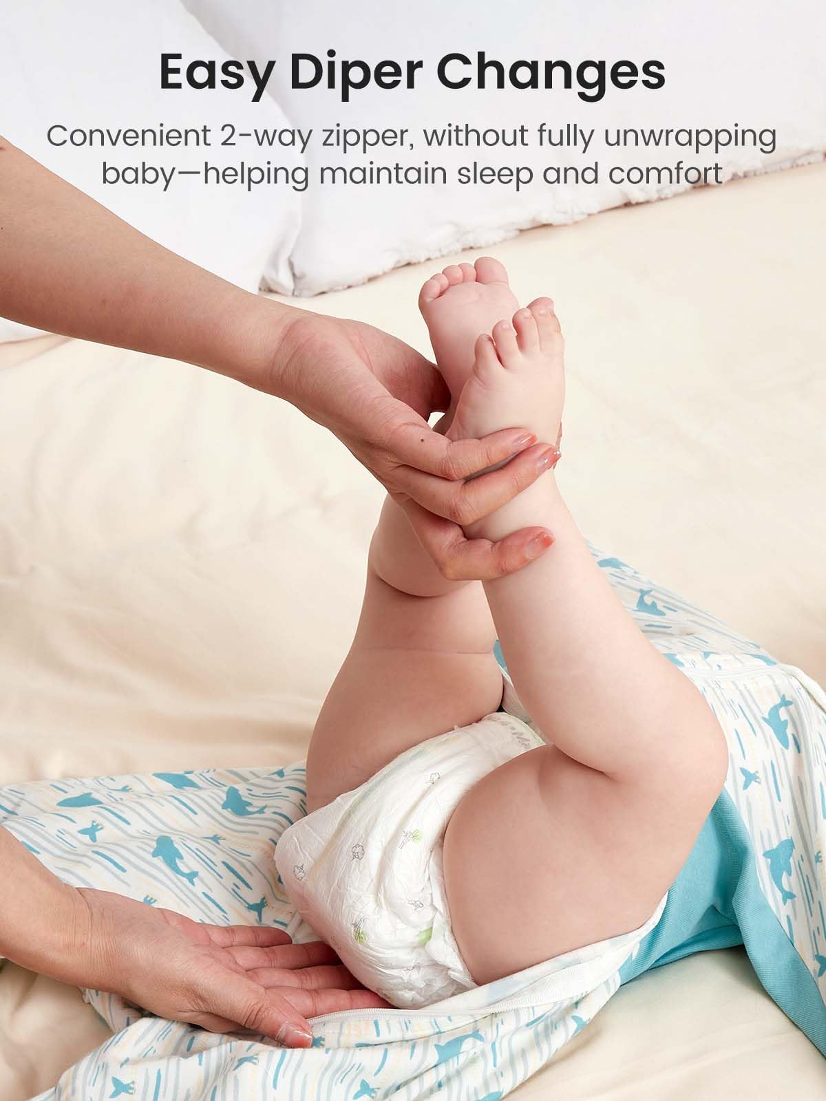 Growns y whales and sea motif image evokes calming sleep ambiance